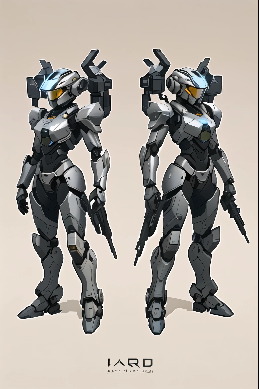 blurred image of two gray and white robots with weapons, mecha feminino, Hard surface armor, full body Traje mecha, Traje mecha, full view of the body and head, armadura feminina, full view of the body and head, Armadura Mjolnir de Halo Infinite, arte conceitual especializada em alto detalhe, anime mechanical armor, science fiction armor, science fiction armor