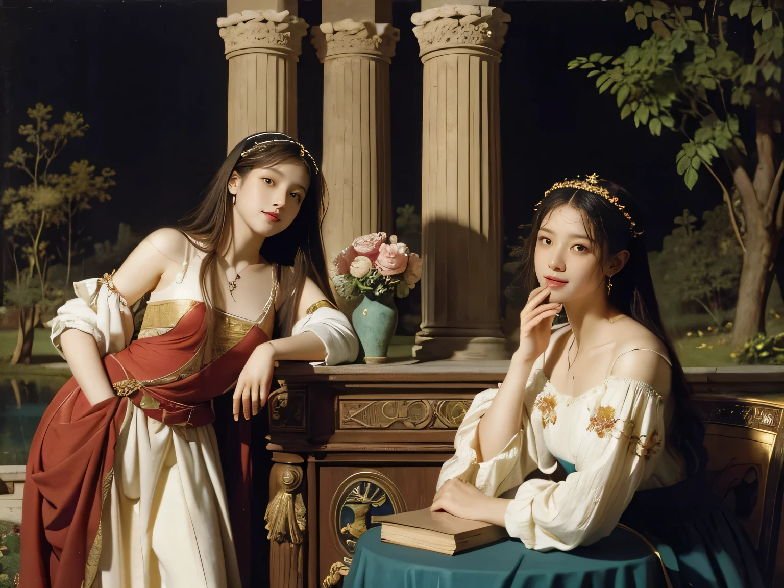 Giorgione painting style,Arguments of two female Philosophe,math、astronomical machine、astronaut、roses in vase、fruits、Cute trinkets、smile、ancient greek costume、Background is a forest lake at night 、Clothes that stretch your shou