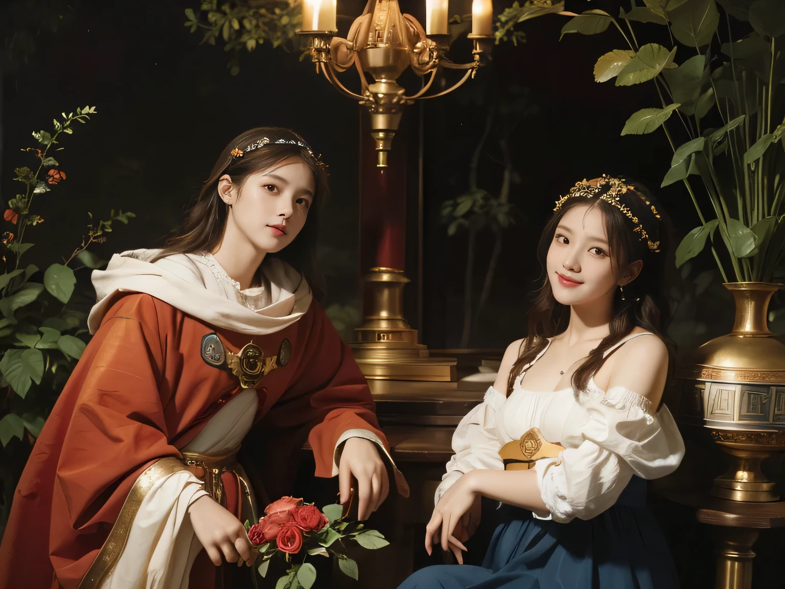 Giorgione painting style,Arguments of two female Philosophe,math、astronomical machine、astronaut、roses in vase、fruits、Cute trinkets、smile、ancient greek costume、Background is a forest lake at night 、Clothes that stretch your shou