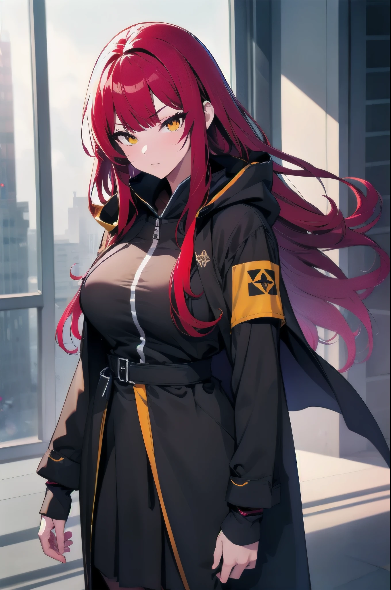 masterpiece, best quality, 1girl, long hair, big bust, very long red hair, yellow eyes, deportive clothes, orange shirt, good anatomy, red gloves, boots, heels, evil, emotionless, intimidant, bloody, detailed eyes, city background, close up, ((detailed eyes)), beautiful eyes, hair bang, frontal look, hair antenna, ((black sunglasses)), hair scarf, hoodie