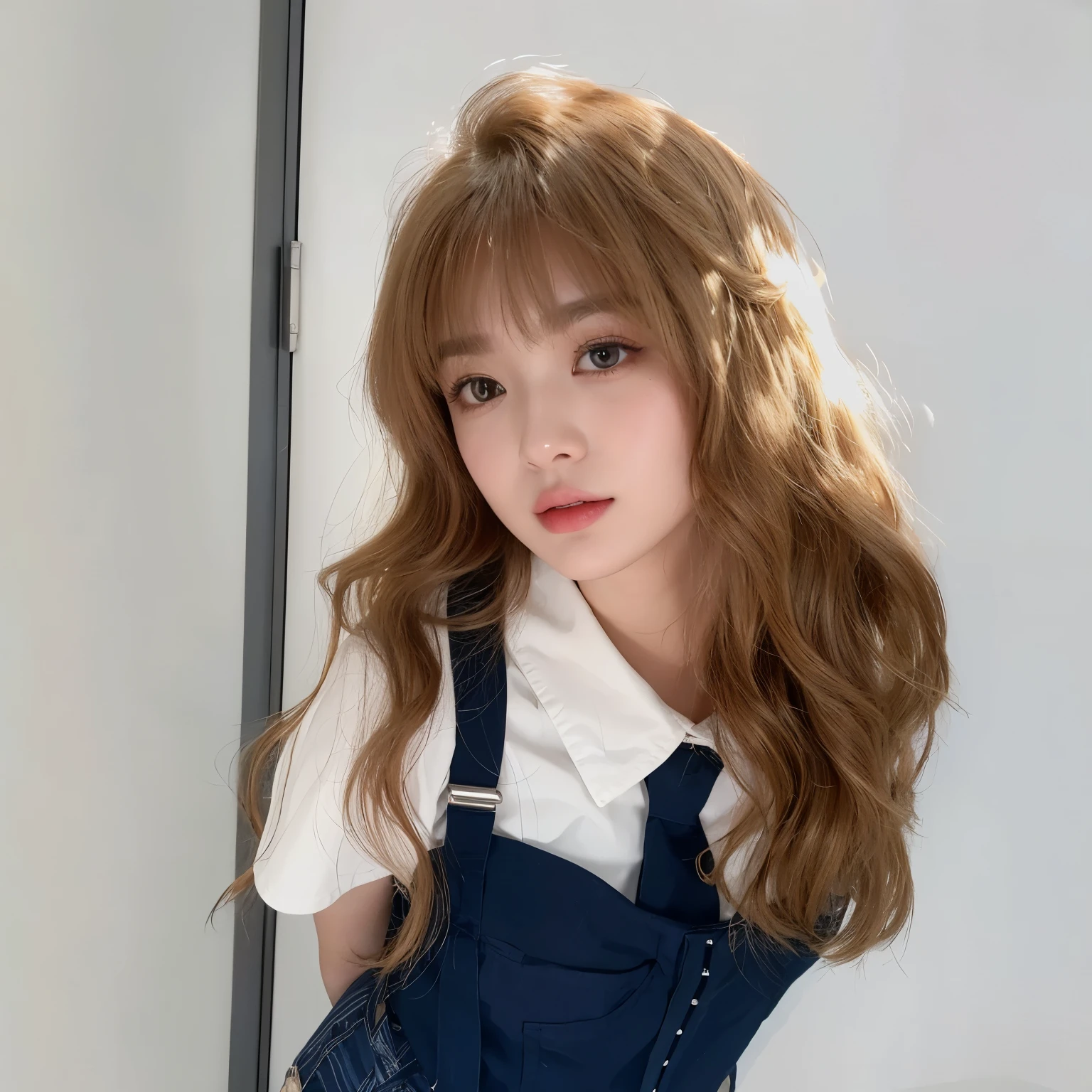 masterpiece, best quality, Girl in white shirt and blue overalls，Brown hair，，Flowing long hair，Long curly hair，Very curly hair，Sweet girl，a girl，Exquisite facial features，