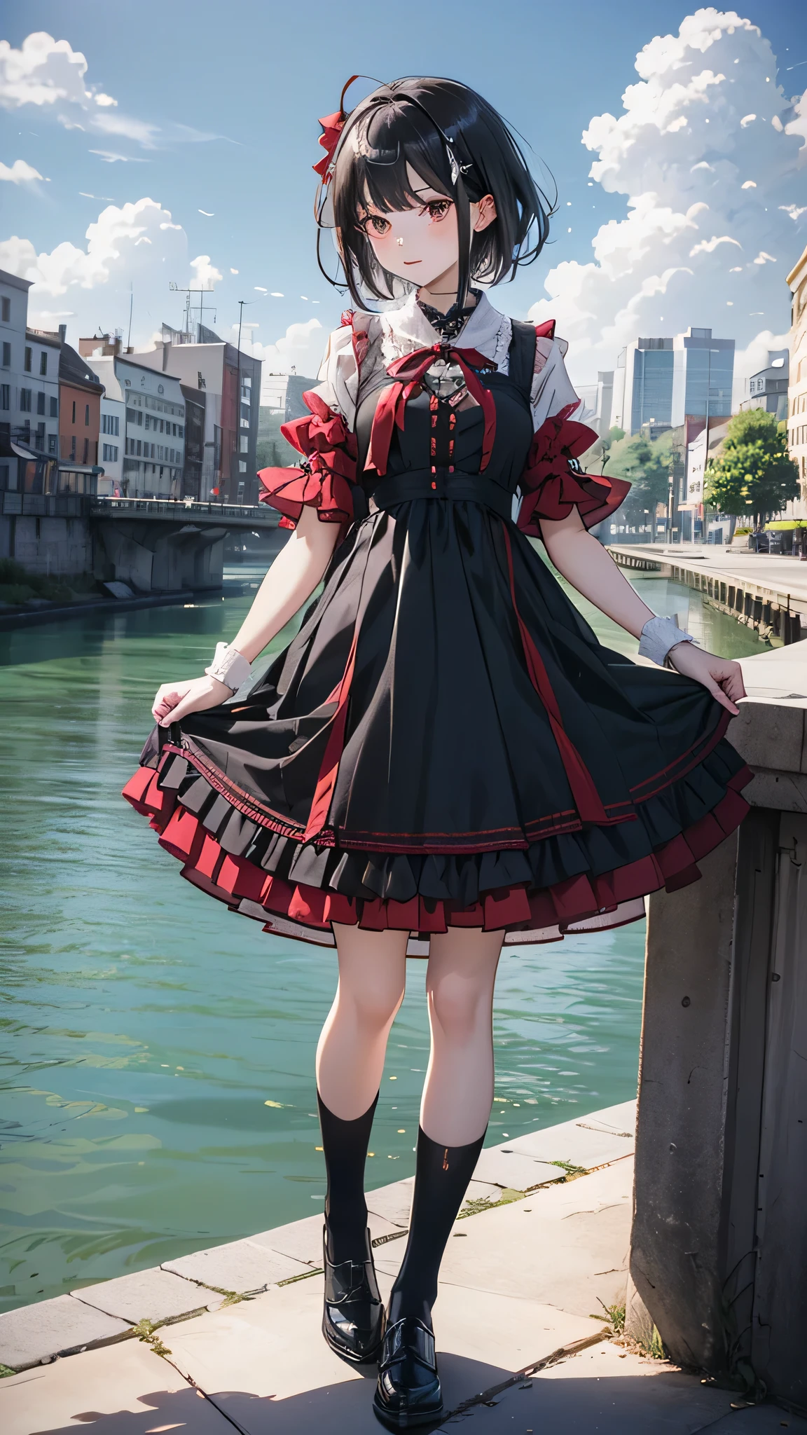 One girl,Front hair,black_hair,green_null,bridge,building,city,city,cityscape,cloud,Day,dress,Looking_in_Audience,Outdoor,red_Neckwear,red_ribbon,ribbon,river,short_hair,short_sleeve,null,nullscraper,One person in,Are standing,town,winer,(masterpiece,anime,newest,new,Exceptional:1.2),