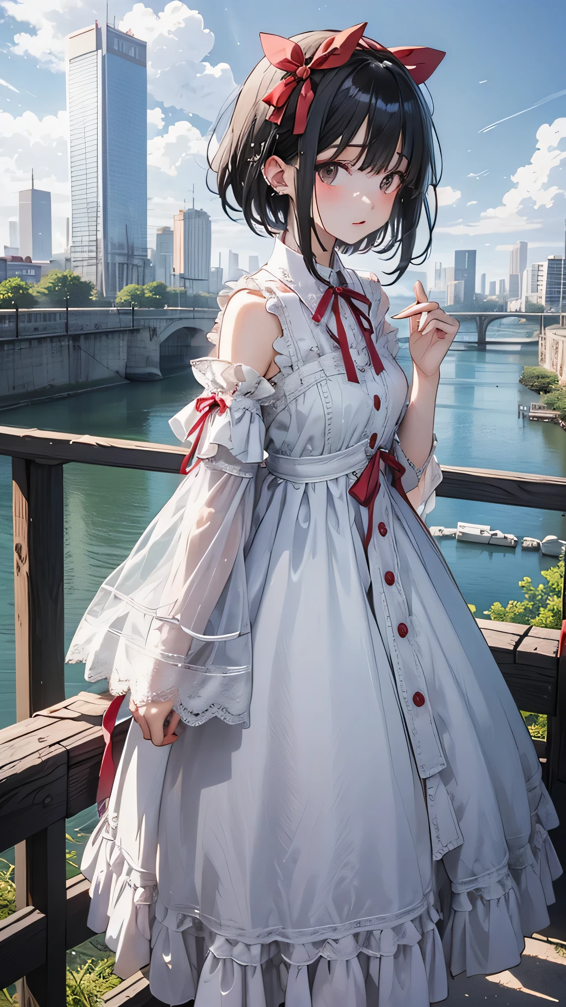 One girl,Front hair,black_hair,green_null,bridge,building,city,city,cityscape,cloud,Day,dress,Looking_in_Audience,Outdoor,red_Neckwear,red_ribbon,ribbon,river,short_hair,short_sleeve,null,nullscraper,One person in,Are standing,town,winer,(masterpiece,anime,newest,new,Exceptional:1.2),