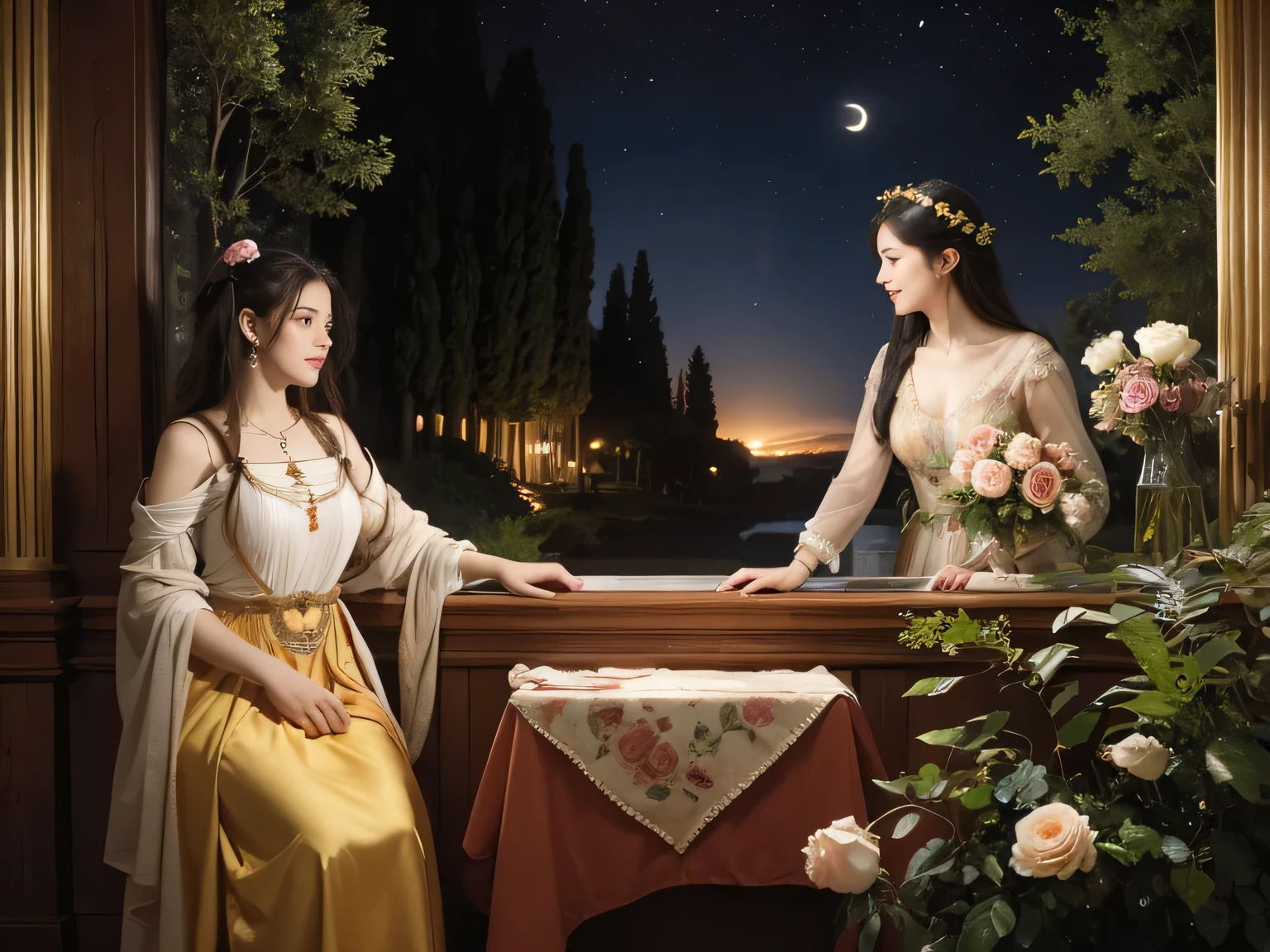 Giorgione painting style,Arguments of two female Philosophe,math、astronomical machine、astronaut、roses in vase、fruits、Cute trinkets、smile、ancient greek costume、Background is a forest lake at night 、Clothes that stretch your shou