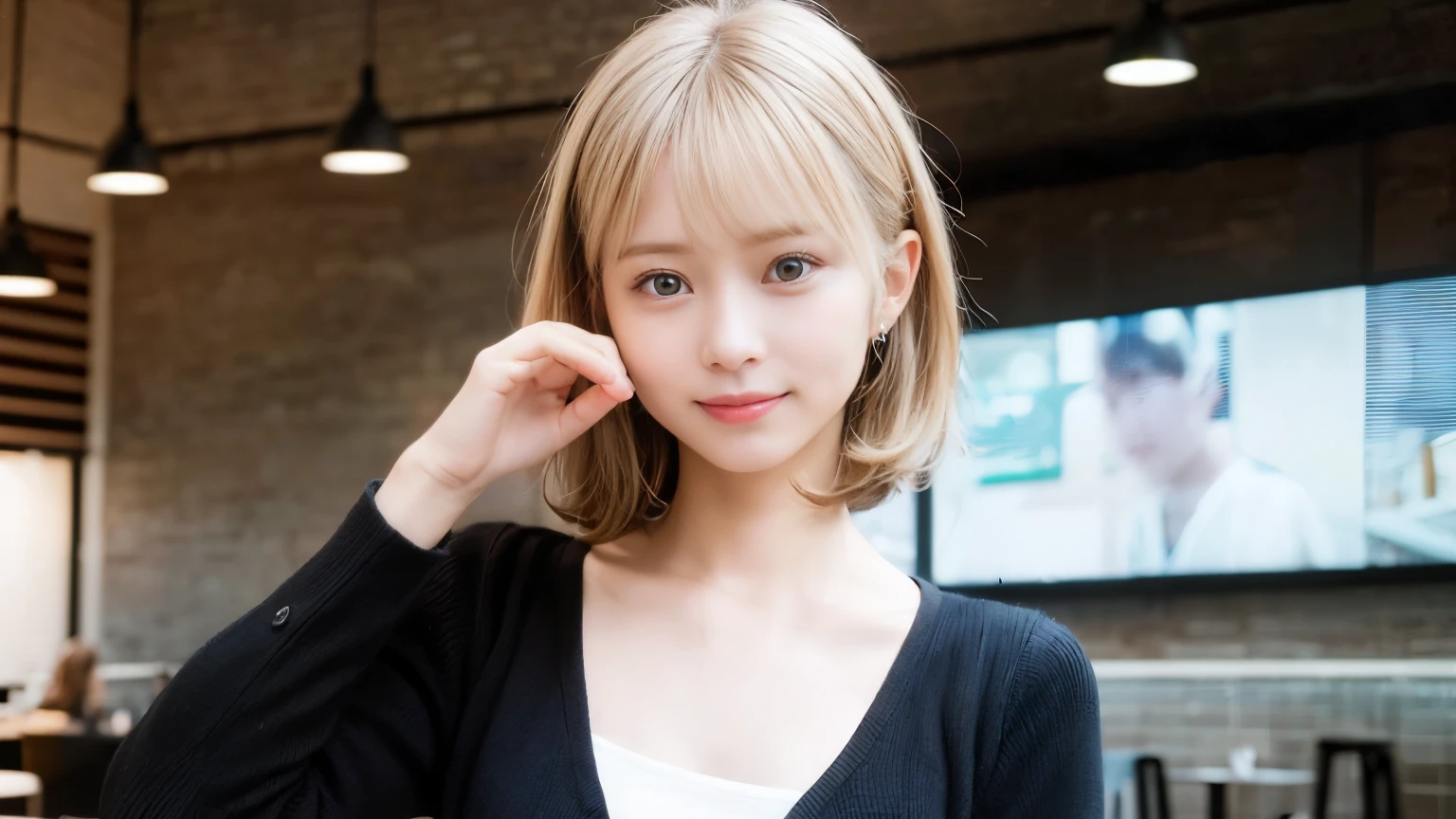 Random Pause, Mix 4, (8k, RAW Photos, highest quality, masterpiece: 1.45), (Realistic, Realistic: 1.37), One Girl, cute, Laughter, Professional Lighting, Photo taken at a cafe,Photon Mapping, Radio City, Physically Based Rendering, Gradient Blonde Hair, Gray Hair, Very short hair,Gal,good looking, With a girl,Long sleeve shirt,highest qualityの写真, High resolution, 1080p, (Clear Face), (Detailed facial depiction), (Detailed description of the hand), (masterpiece), Vibrant, Extreme light and shadow, Messy Hair, masterpiece, Rich details, (Detailed facial features), (highest qualityの写真), (masterpiece), (Finely tuned), dual、Look in front of you, Thin clavicle,Cafe Background