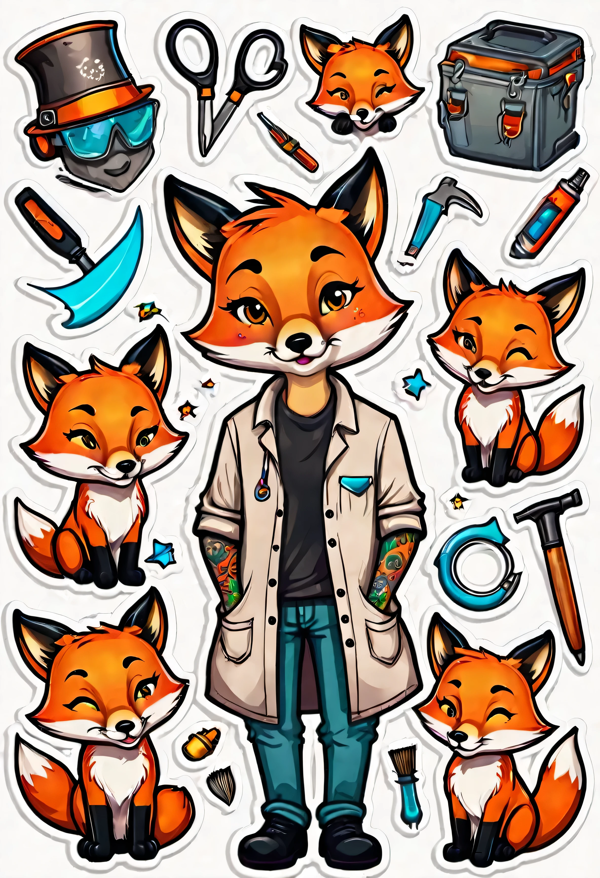 stickers character fox tattoo artist with different emotions and tools for work
