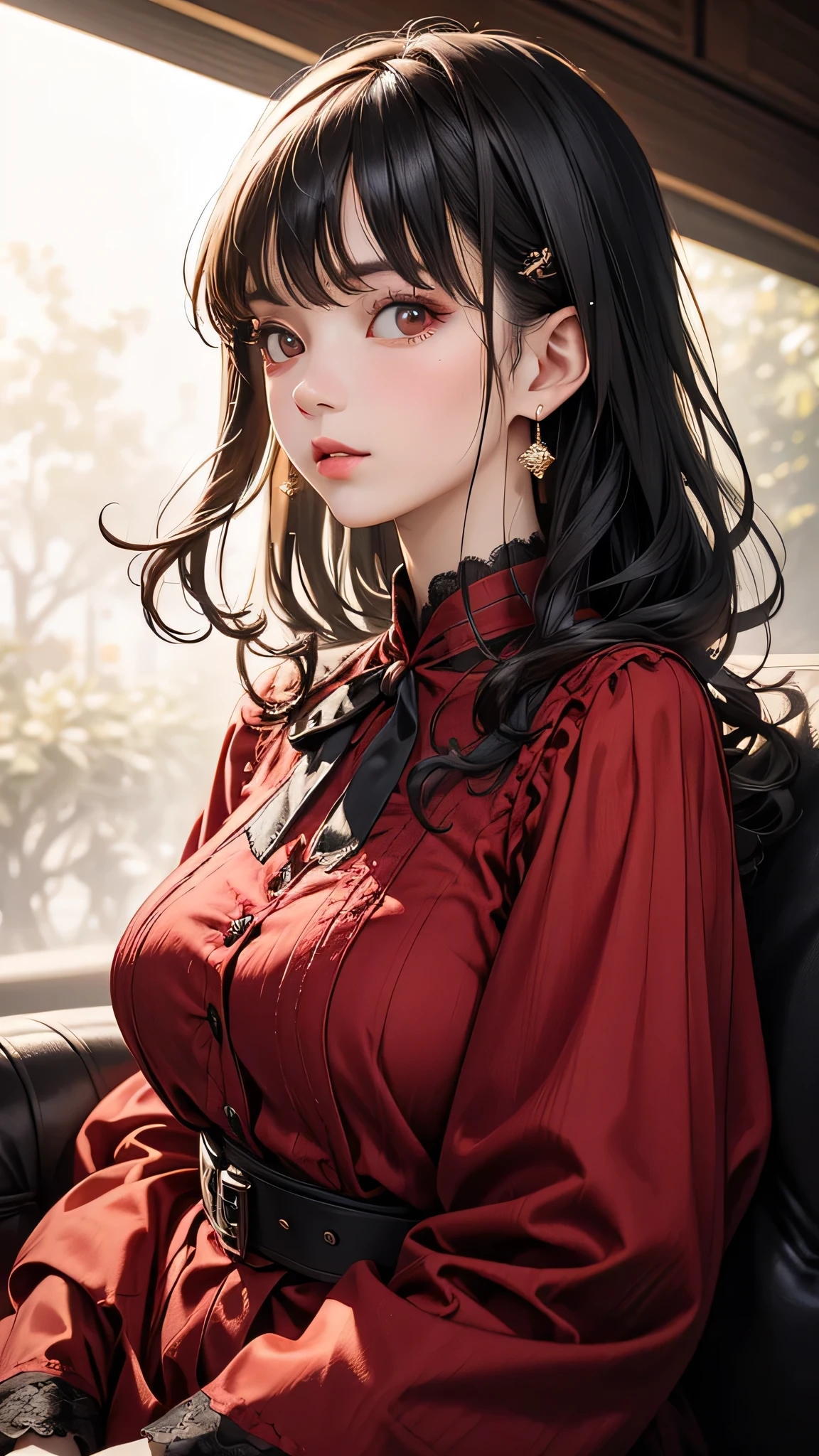 bloom, Lens Reflection, (8k, born, Professional, highest quality, masterpiece: 1.2), (Realistic, photoRealistic: 1.37), Super detailed, (Wide-angle 25mm portrait), (Most detailed skin: 1.2), Highly detailed face, Cinema Lighting, One girl, Black curly hair, (the wind is strong), Standing on the couch, Dark Light, Looking into the camera, Big Breasts, black and red blouse  
