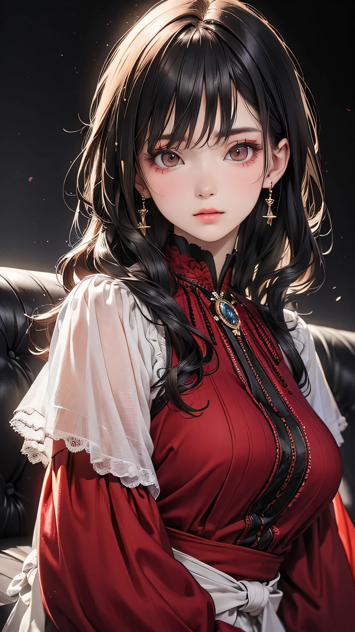 bloom, Lens Reflection, (8k, born, Professional, highest quality, masterpiece: 1.2), (Realistic, photoRealistic: 1.37), Super detailed, (Wide-angle 25mm portrait), (Most detailed skin: 1.2), Highly detailed face, Cinema Lighting, One girl, Black curly hair, (the wind is strong), Standing on the couch, Dark Light, Looking into the camera, Big Breasts, black and red blouse  