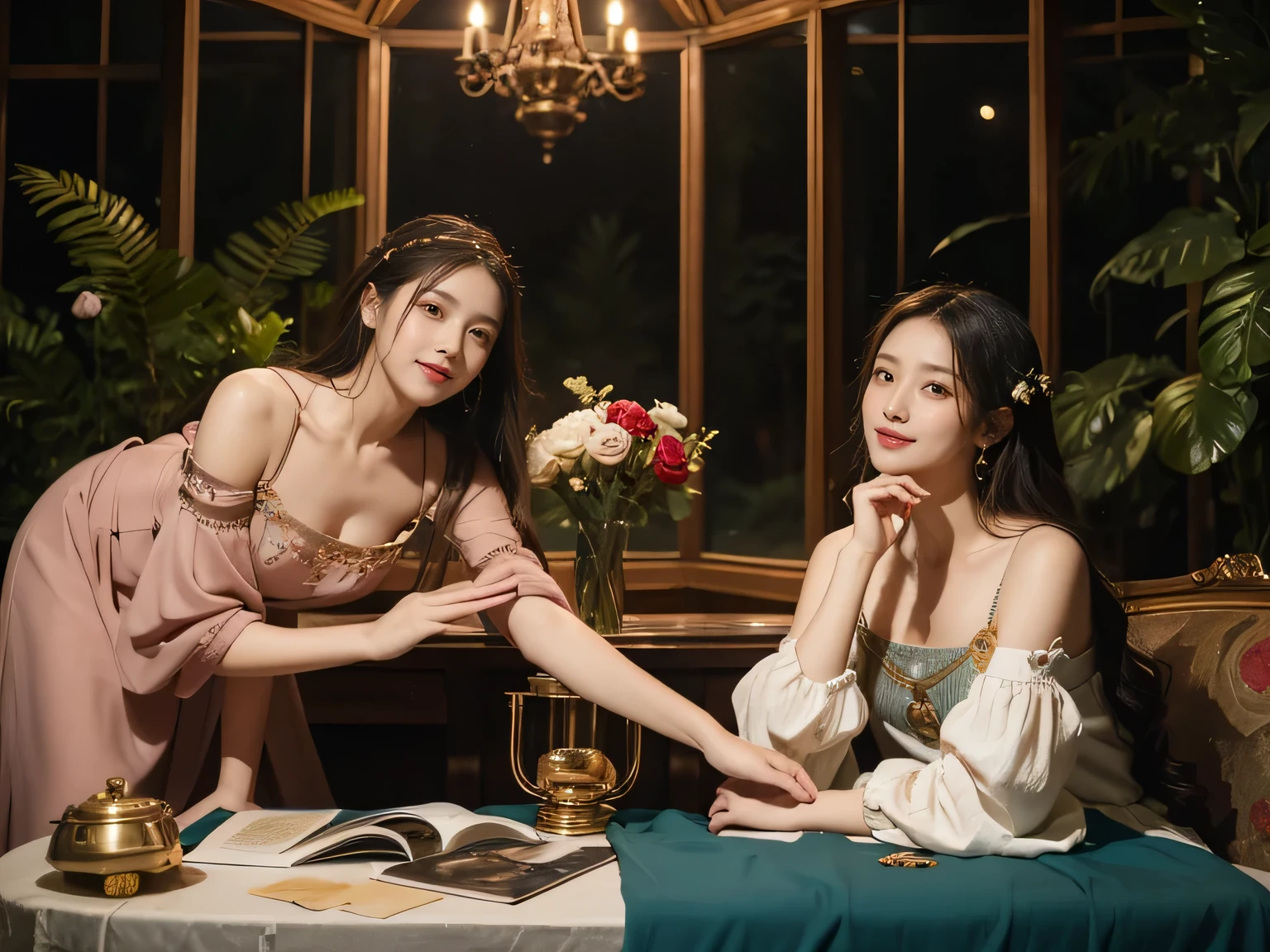 Giorgione painting style,Arguments of two female Philosophe,math、astronomical machine、astronaut、roses in vase、fruits、Cute trinkets、smile、ancient greek costume、Background is a forest lake at night 、Clothes that stretch your shou