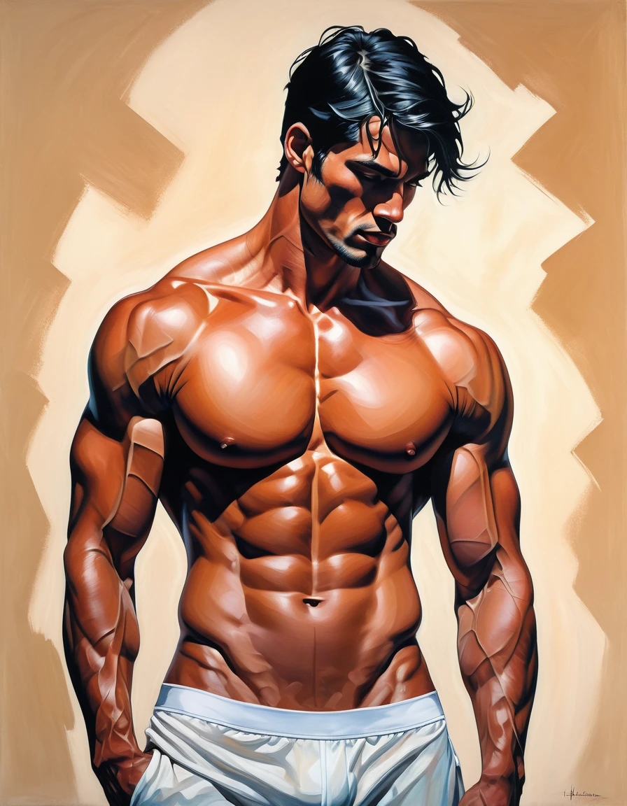 background chiaroscuro technique on sensual illustration of Handsome, square jaws,fit body,side view,head up,naked,nude,muscular body,six pack abs,tan skin,muscular arms,big hands,half bosy,white tight underwear,white , mid-shot of a hunky, the model draped in flowing, thick oil painting by Harumi Hironaka, extremely soft colors, vibrant, highly detailed, malcolm liepke painting, oil on canvas, high contrast, dramatic, refined, tonal, a thick textured oil painting, impasto brushstrokes, dry brushing,revealing underlayers, abstract landscape, moody lighting, dramatic shadows, muted earthy colors, vibrant colors, highly detailed, masterpiece,