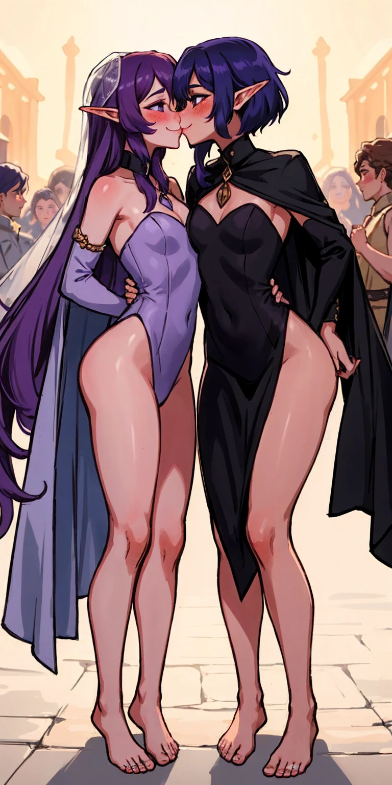 Body position: Standing, straight, symmetrical, barefoot, Lustful smile on face with red blush, 2 girls who gets married and stands in front of many people, kissing, purple skin drow elves
