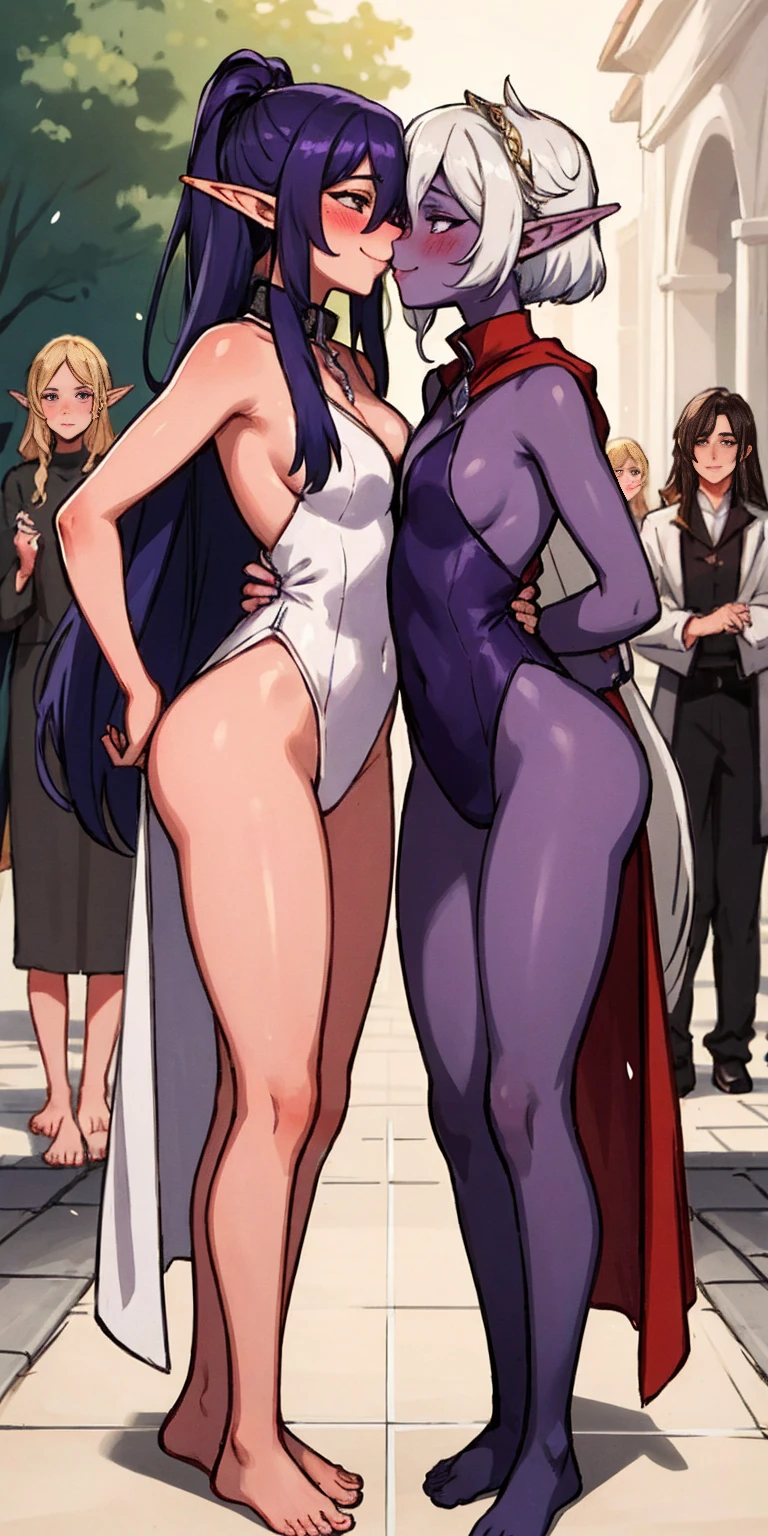 Body position: Standing, straight, symmetrical, barefoot, Lustful smile on face with red blush, 2 girls who gets married and stands in front of many people, kissing, purple skin drow elves