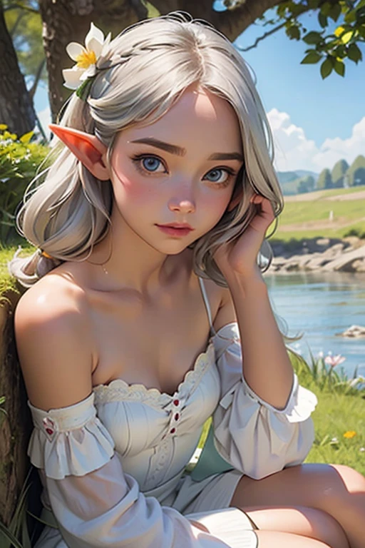 1Female elf, beautiful and charming in medieval fashion trend, full body: 1.6, holding flowers, random hairstyle, pointed ears, sitting under a tree, by the river, tight dress random color, light silver armor, upper back, wind blowing hair, blue sky and white clouds, delicate sexy collarbone, covering the chest, charming goose egg face, double eyelids, intelligent peach blossom eyes, pink lips, small upturned nose, bare shoulders, focused face, close up face, ultra-high definition, super detail, ultra-fine translucency, cool and good, transparent, pink