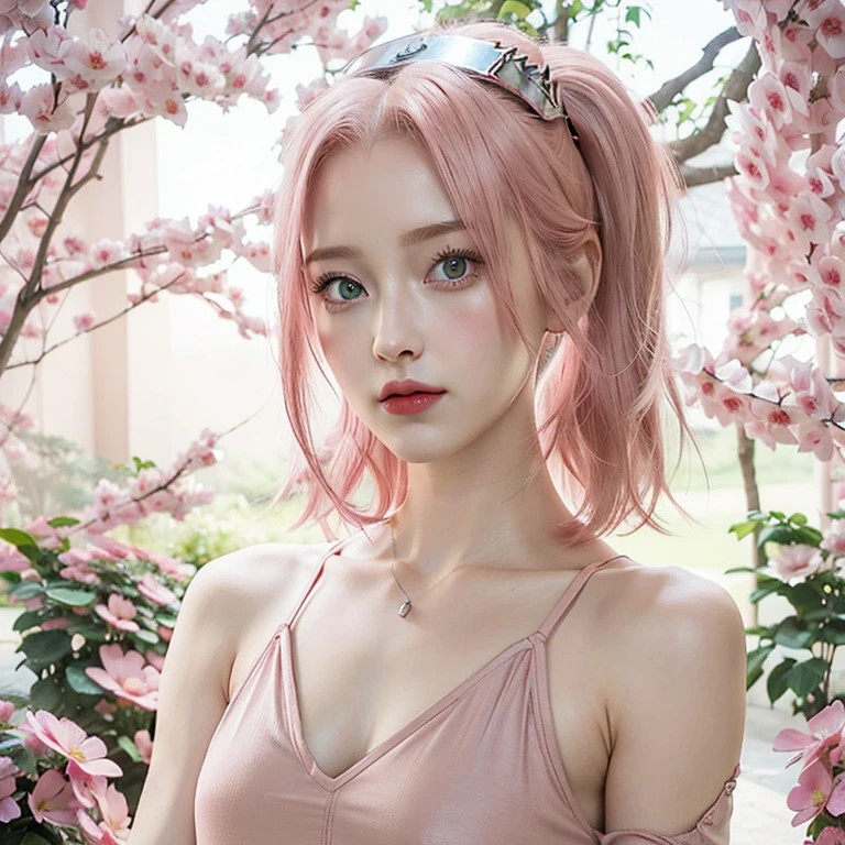 young woman, short shoulder-length pink hair, wide forehead, porcelain skin, pink eyebrows, big emerald green eyes, buttoned nose, full lips, heart-shaped face, slender body, small breasts, red tank top, Sakura Haruno , realistic, realism, details, 3d, well detailed