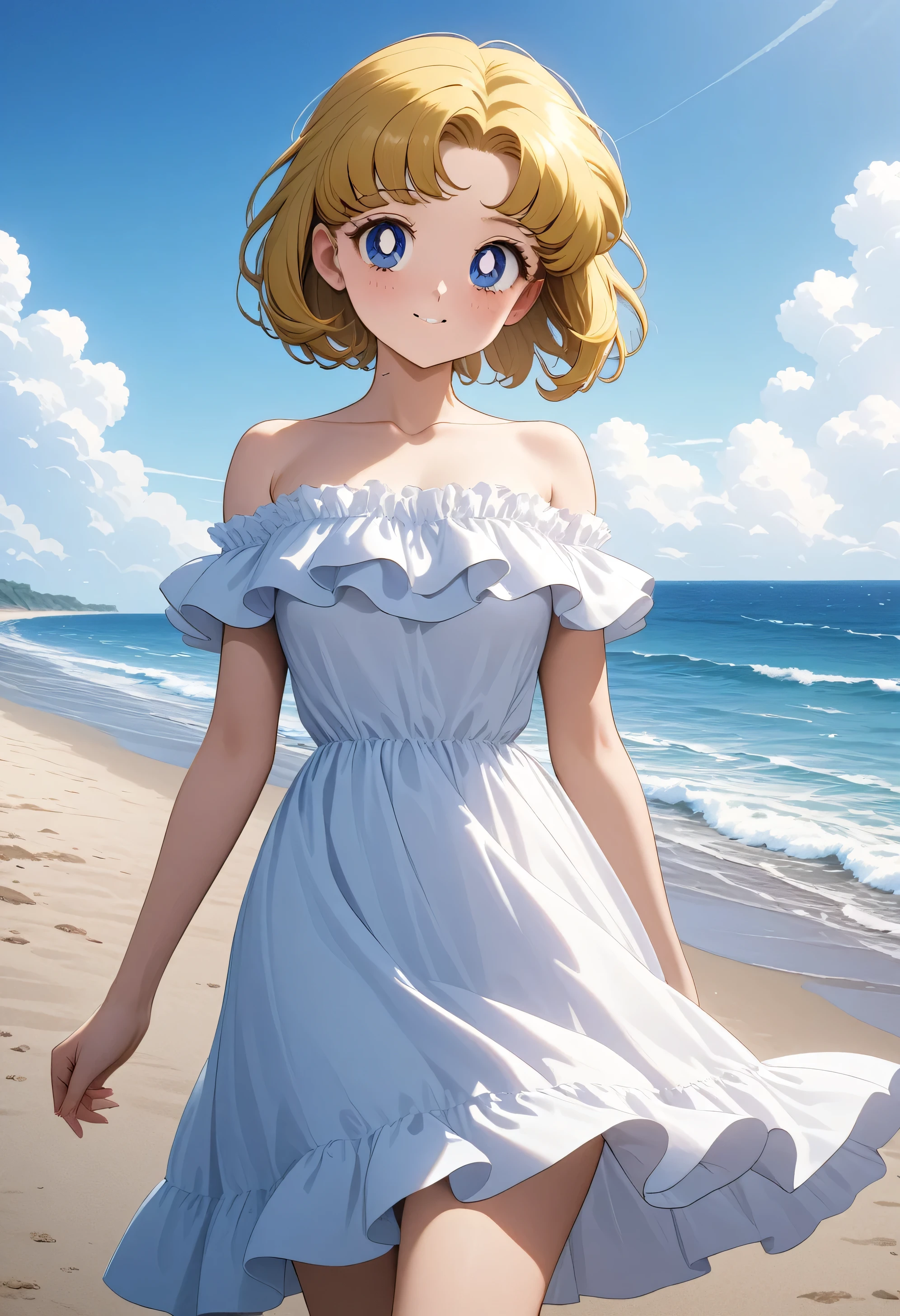 (masterpiece, best quality, very aesthetic, ultra detailed), intricate details, 4k, aausagi, 1 girl, solo, Best quality, masterpiece, High Definition, ager, Blue Eyes, Beautiful Detail Eyes, Blonde Hair, Short Bob Hair Cut, Good hands at sides, Smile, Blushing, Bare Neck, Bare Arms, Bare Shoulders, short sleeve, Strapless, White Ruffle Off-the-Shoulder Top, White Off-the-shoulder Dress, White maxi dress, walking on the beach, Background, blue skies, cowboy shot