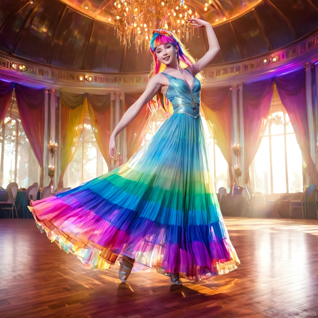 a beautiful elven dancer, 1 girl, rainbow hair, rainbow sheer silky billowing dress, doing a sultry dance with grand sweeping movements, in a royal banquet hall, best quality, 8k, highres, masterpiece, ultra-detailed, realistic, photorealistic, photo-realistic, HDR, UHD, studio lighting, ultra-fine painting, sharp focus, physically-based rendering, extreme detail description, professional, vivid colors, bokeh, fantasy, magical, ethereal
