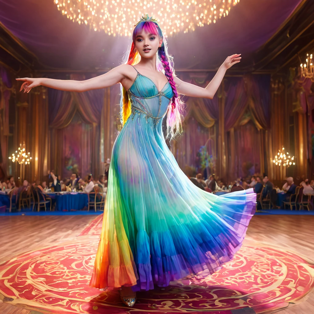 a beautiful elven dancer, 1 girl, rainbow hair, rainbow sheer silky billowing dress, doing a sultry dance with grand sweeping movements, in a royal banquet hall, best quality, 8k, highres, masterpiece, ultra-detailed, realistic, photorealistic, photo-realistic, HDR, UHD, studio lighting, ultra-fine painting, sharp focus, physically-based rendering, extreme detail description, professional, vivid colors, bokeh, fantasy, magical, ethereal
