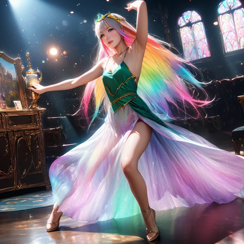 a beautiful elven dancer, 1 girl, rainbow hair, rainbow sheer silky billowing dress, doing a sultry dance with grand sweeping movements, in a royal banquet hall, best quality, 8k, highres, masterpiece, ultra-detailed, realistic, photorealistic, photo-realistic, HDR, UHD, studio lighting, ultra-fine painting, sharp focus, physically-based rendering, extreme detail description, professional, vivid colors, bokeh, fantasy, magical, ethereal
