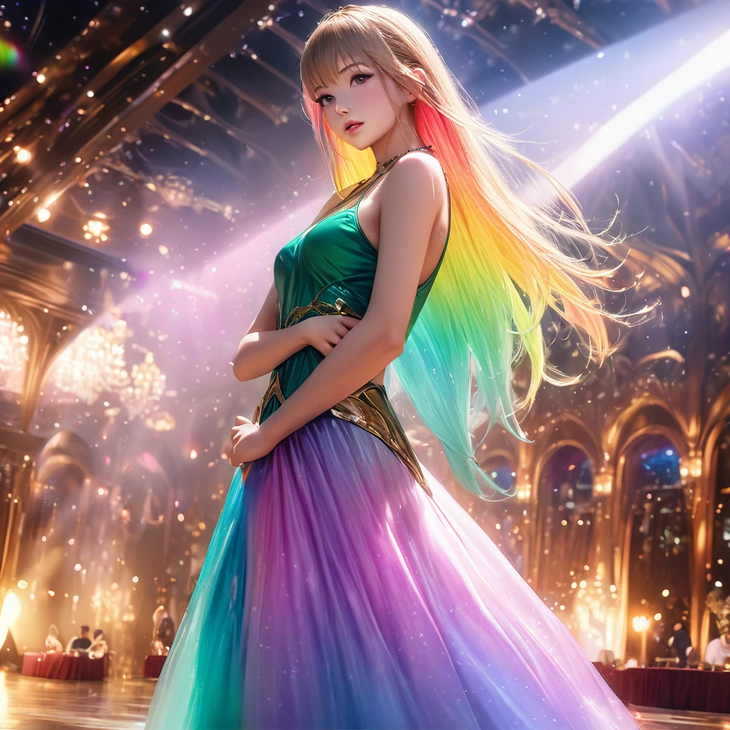 a beautiful elven dancer, 1 girl, rainbow hair, rainbow sheer silky billowing dress, doing a sultry dance with grand sweeping movements, in a royal banquet hall, best quality, 8k, highres, masterpiece, ultra-detailed, realistic, photorealistic, photo-realistic, HDR, UHD, studio lighting, ultra-fine painting, sharp focus, physically-based rendering, extreme detail description, professional, vivid colors, bokeh, fantasy, magical, ethereal
