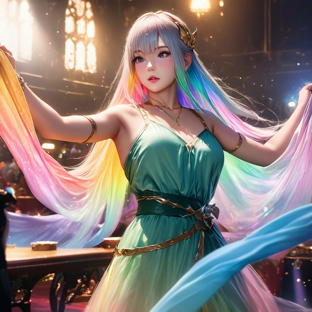 a beautiful elven dancer, 1 girl, rainbow hair, rainbow sheer silky billowing dress, doing a sultry dance with grand sweeping movements, in a royal banquet hall, best quality, 8k, highres, masterpiece, ultra-detailed, realistic, photorealistic, photo-realistic, HDR, UHD, studio lighting, ultra-fine painting, sharp focus, physically-based rendering, extreme detail description, professional, vivid colors, bokeh, fantasy, magical, ethereal
