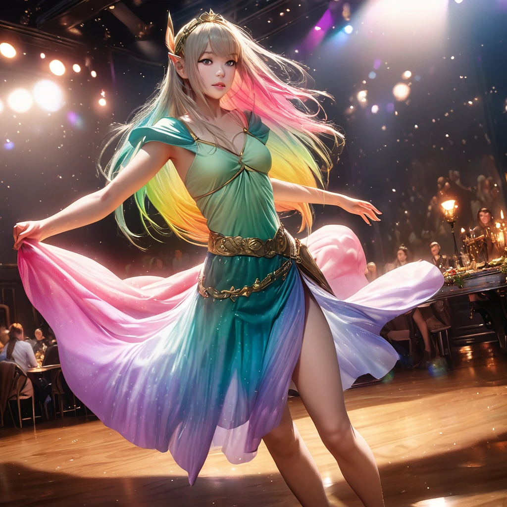 a beautiful elven dancer, 1 girl, rainbow hair, rainbow sheer silky billowing dress, doing a sultry dance with grand sweeping movements, in a royal banquet hall, best quality, 8k, highres, masterpiece, ultra-detailed, realistic, photorealistic, photo-realistic, HDR, UHD, studio lighting, ultra-fine painting, sharp focus, physically-based rendering, extreme detail description, professional, vivid colors, bokeh, fantasy, magical, ethereal
