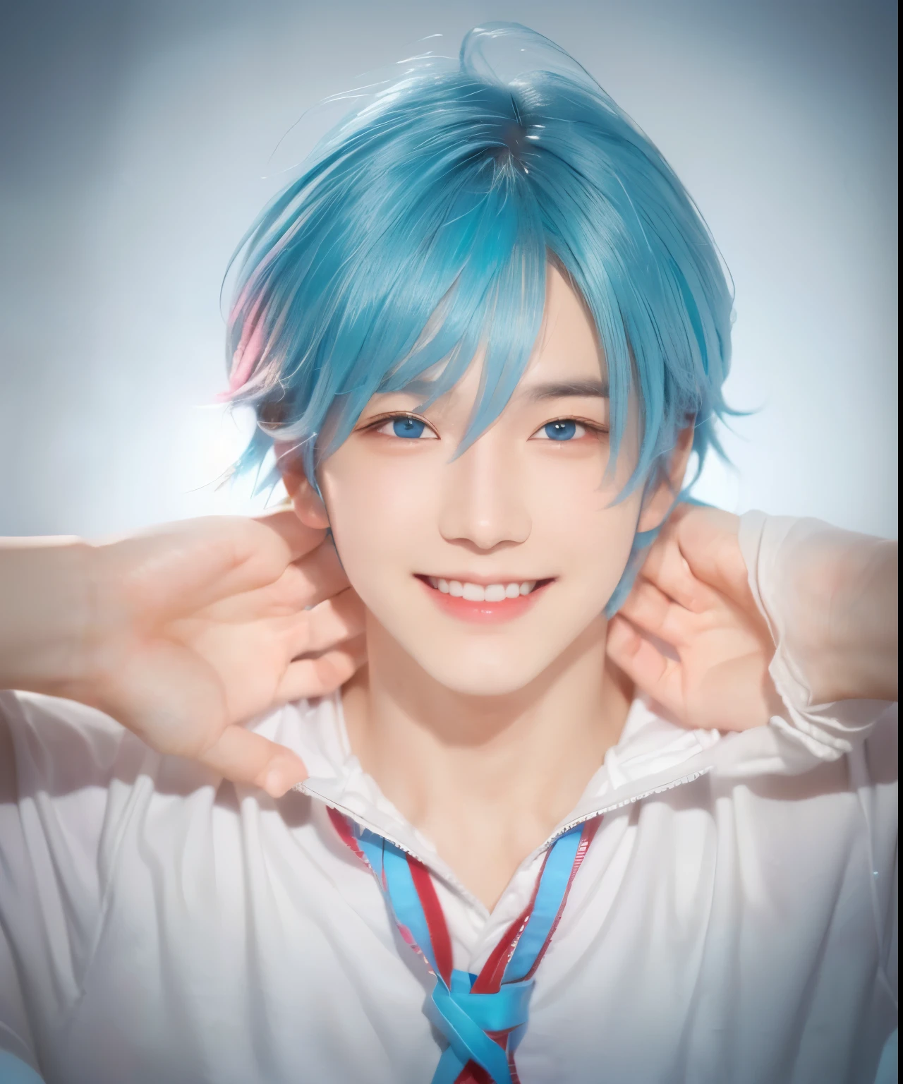((SUPER REALISTIC)), ((ULTRA DETAIL))annime boy with blue hair and blue eyes smiling at the camera, 2 d anime style, gapmoe yandere, [[[[grinning evily]]]], tall anime guy with blue eyes, 2 d anime, smileing nright, mikudayo, anime moe artstyle, inspired by Kun Can, nobutaka ike, anime boy