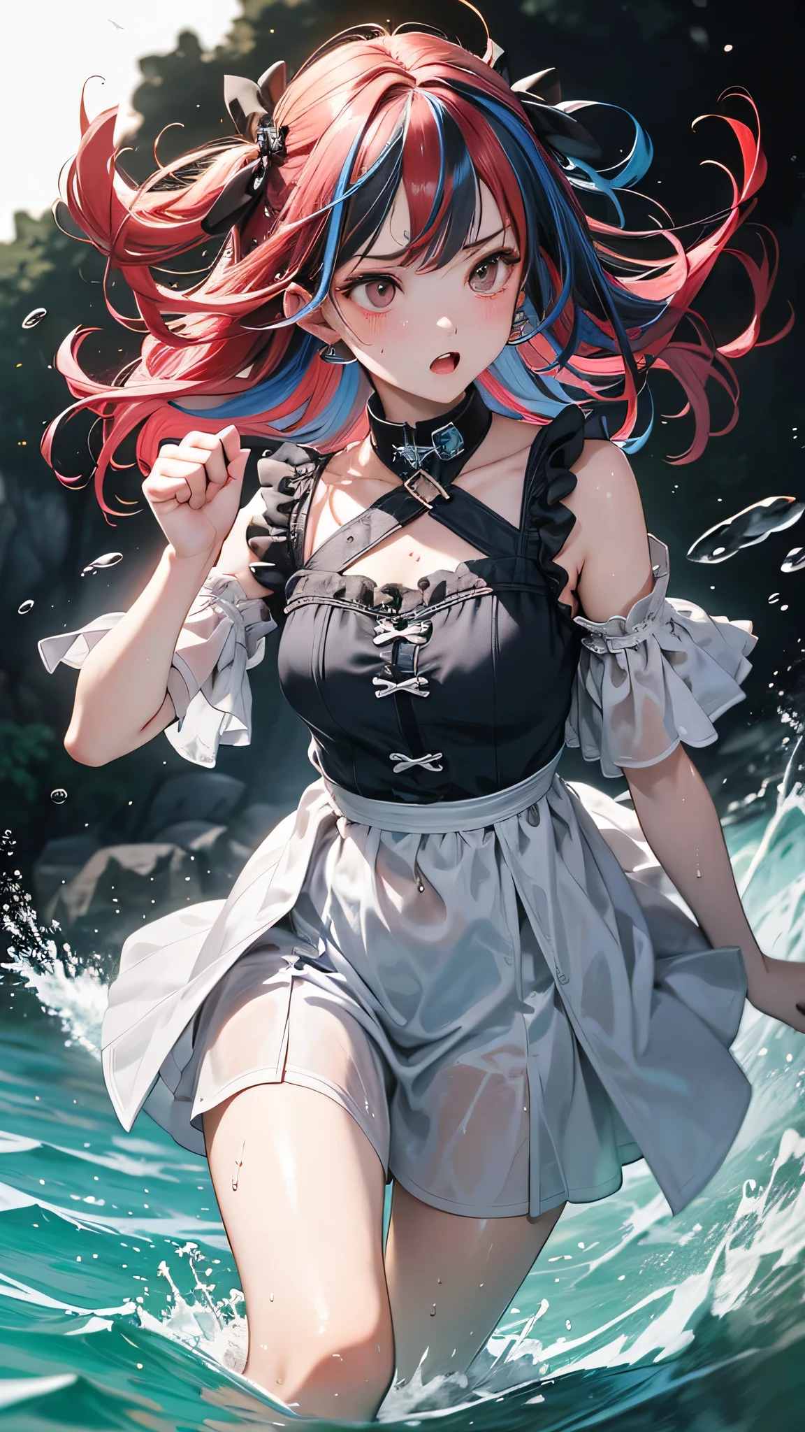 Anime girl with red hair and blue eyes in the water - SeaArt AI