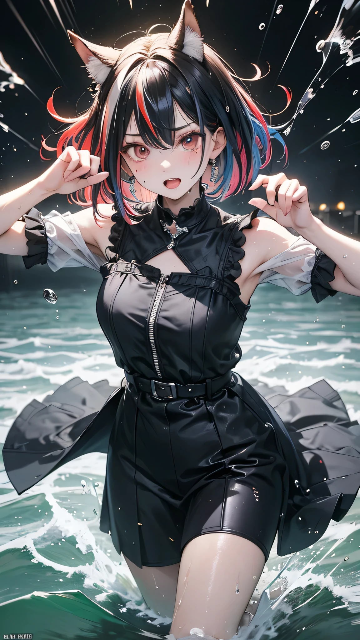 masterpiece, highest quality, (Dynamic pose:0.5), Absurd, One girl, Fighting Pose, Punch Water, (Water shock wave:1.Attack with 5), Wet clothes, Wet Hair, Wet Face, Waters, Multicolored Hair, (Wind:1.4)