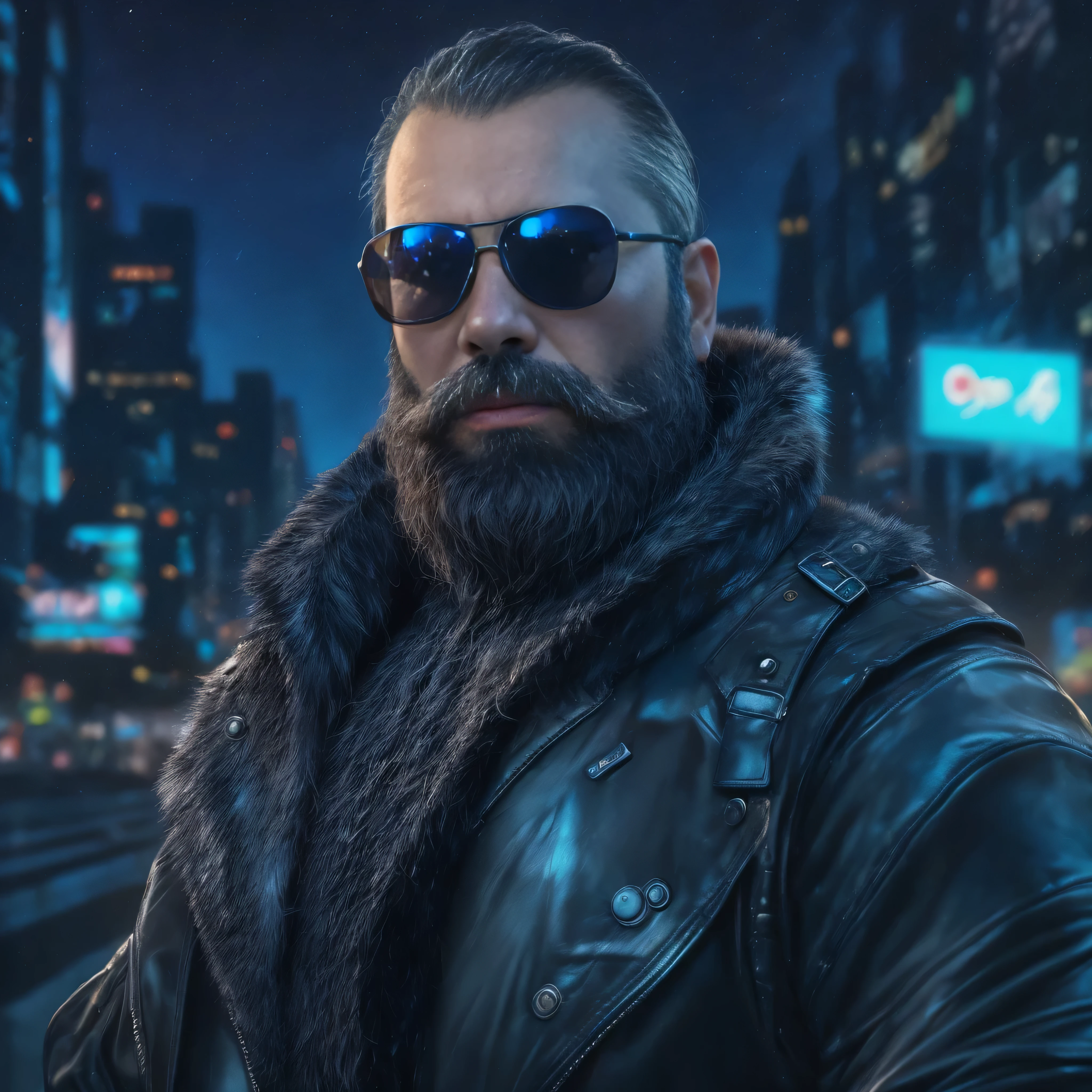 {
"prompt": "Create an ultra-detailed, high-quality digital art image of a very masculine 38-year-old man with a beard and dark sunglasses. The image shows the upper body in a medium shot. He is in a futuristic cyberpunk cityscape at night, with neon lights and towering skyscrapers in the background. The man is wearing a sleek, black leather jacket with glowing blue accents and a high-tech gadget wristband. His expression is confident and focused. The environment is filled with flying cars, holographic advertisements, and bustling crowds, reflecting a vibrant and high-tech urban atmosphere.",
"size": "1024x1024"
}