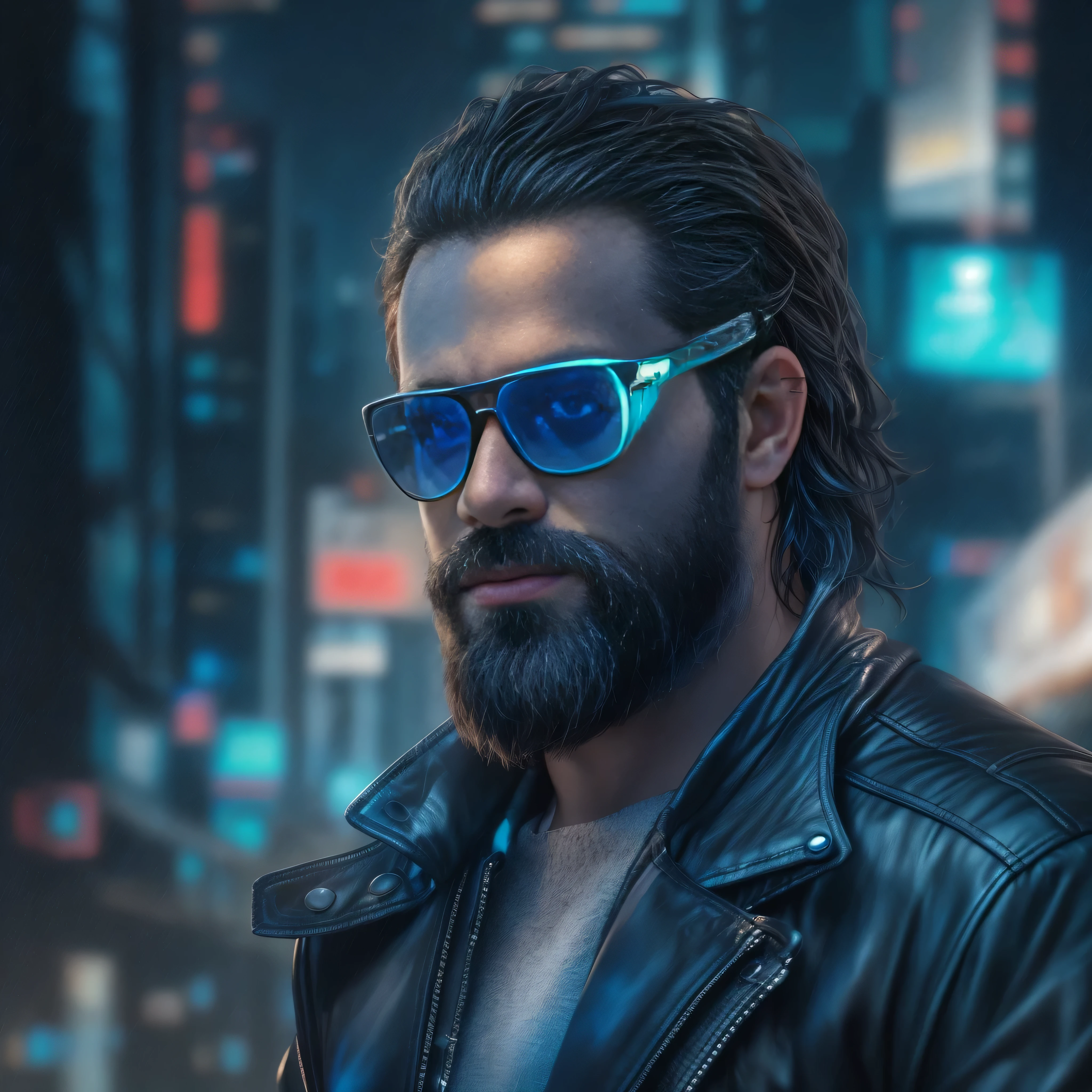 {
"prompt": "Create an ultra-detailed, high-quality digital art image of a very masculine 38-year-old man with a beard and dark sunglasses. The image shows the upper body in a medium shot. He is in a futuristic cyberpunk cityscape at night, with neon lights and towering skyscrapers in the background. The man is wearing a sleek, black leather jacket with glowing blue accents and a high-tech gadget wristband. His expression is confident and focused. The environment is filled with flying cars, holographic advertisements, and bustling crowds, reflecting a vibrant and high-tech urban atmosphere.",
"size": "1024x1024"
}