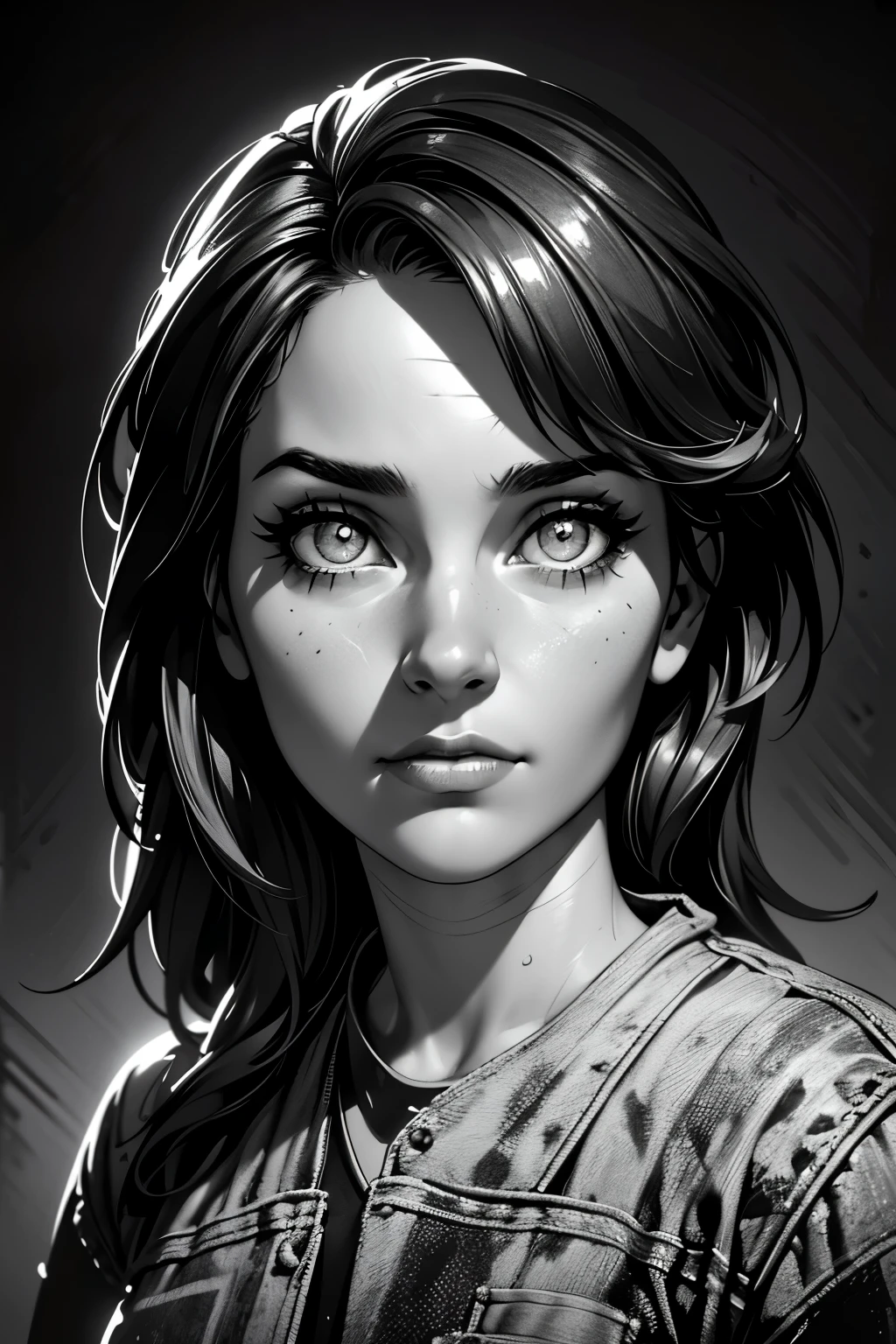 A girl in a mugshot, sketch, black and white, detailed features, cute, vintage style, high contrast lighting, expressive eyes. (best quality, highres, realistic:1.37), vintage, monochrome, intense gaze, dramatic lighting, rugged background, distressed paper texture, retro vibes, id photo, front vie