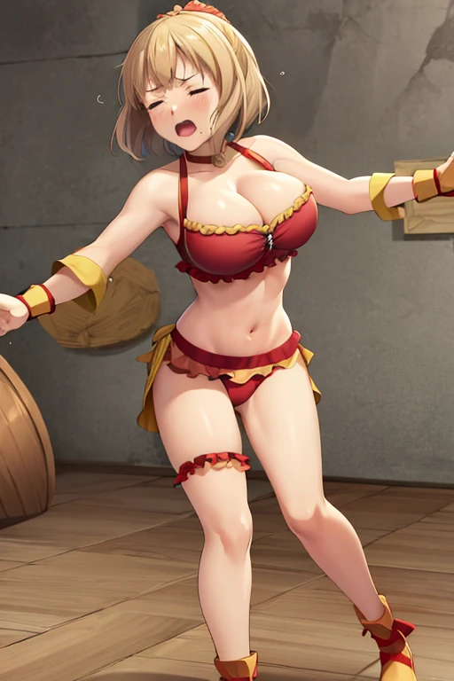 masterpiece, best quality, beautiful art, high resolution, well formed hands, body and fingers, 1 woman, solo, Megumin konosuba, adult, grown up, wearing a Mata Hari outfit, tiara , sexy arabian belly dancer, adult, big breasted, cleavage, hair ribbon, full body, sexy and skimpy outfit , gorgeous legs and thighs , ryona,in peril, she is being beaten up by her opponent, receiving the impact of her opponent's attacks, reacting to the hits, closed eyes, she is being slapped in the face, knocked down, slammed against the floor, screaming in pain and agony, showing weakness and vulnerability, heroine in peril, ryona and perilous scene, sweating, bouncing breasts, martial arts tournament with beach environment