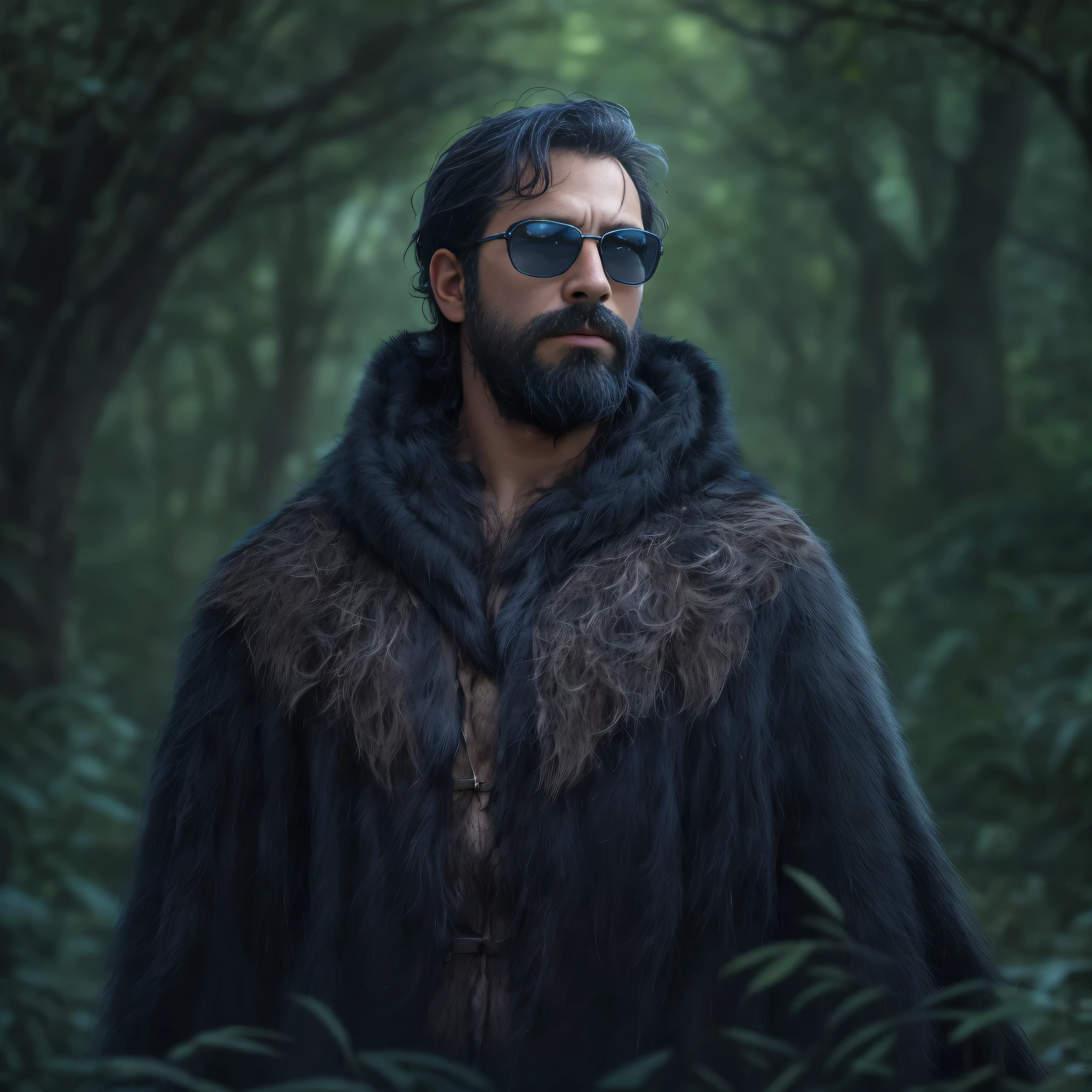 {
"prompt": "Create an ultra-detailed, high-quality digital art image of a very masculine 38-year-old man with a beard and dark sunglasses. The image shows the upper body in a medium shot. He is in a mystical forest during twilight, with glowing bioluminescent plants and ethereal light filtering through the trees. The man is wearing a rugged, dark green cloak with intricate embroidery and a leather chest plate. His expression is serious and vigilant. The environment includes ancient, moss-covered ruins and magical creatures peeking through the foliage, creating an enchanting and mysterious atmosphere.",
"size": "1024x1024"
}