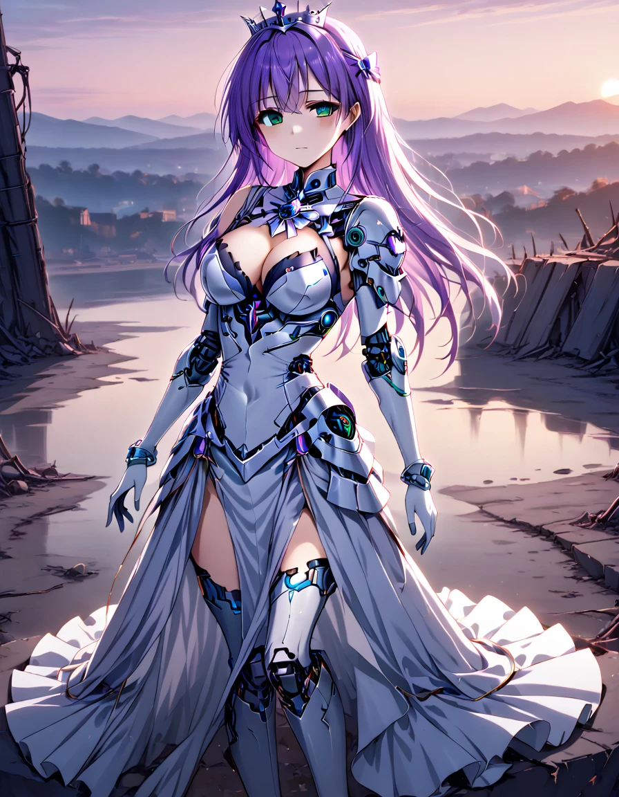 One girl,
Outdoor,
Full Body Shot,
Twilight,
Break Yoakena, Finafam Earth Light, Green Eyes, Long Hair, Purple Hair, Android, Cyborg Dress, gloves,Crown, jewelry, Cleavage, Princess,elbow gloves,tiara,brooch,white gloves,
Breaking the masterpiece, highest quality, Fallen into evil