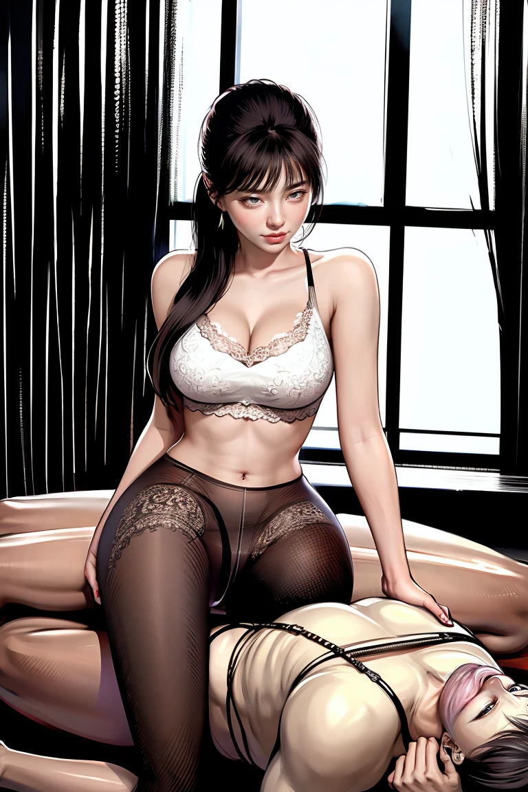 The beautiful girl in lace top and leggings is sitting astride a pile of skeletons in the center of the picture. She is holding a trembling sausage with juice squeezed out in her hand and smiling. There are multiple comic storyboards in the background,cbt, sausage bondage,sausage insertion,Sexy, trampling sausage with high heels heel,(masterpiece, best quality:1.2),1 beautiful girl,sexy,comic storyboard:2, leggings, sit astride, axially symmetrical:2, ,femdom,sounding,cbt,hold,smile,colorful,leggings,thin gap,cameltoe,insertion,trembling,juice,spray, Long hair,Lace top,Sexy, Shiny leggings, High heel,cleveage, trampling, in forest, saliva , Mucus,