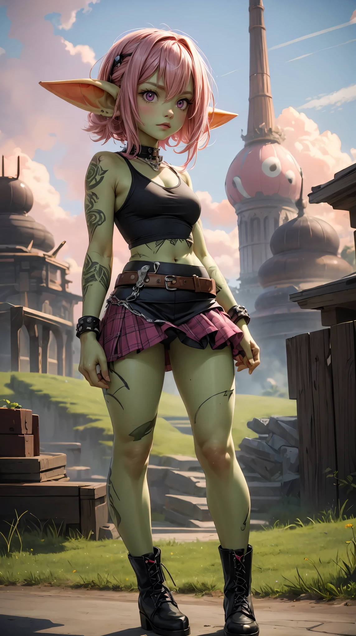 absurd resolution, ((best quality)), ((masterpiece)), (very detailed), 4k, goblin girl, hardcore punk rocker, pink hair, brown eyes, pink tank top, wearing microskirt, wearing chains, pink eye makeup, ripped fishnets, ((green skin)), small pointy ears, thigh boots, standing in front of a white background, posing for photo, sexy, full body, low pov,