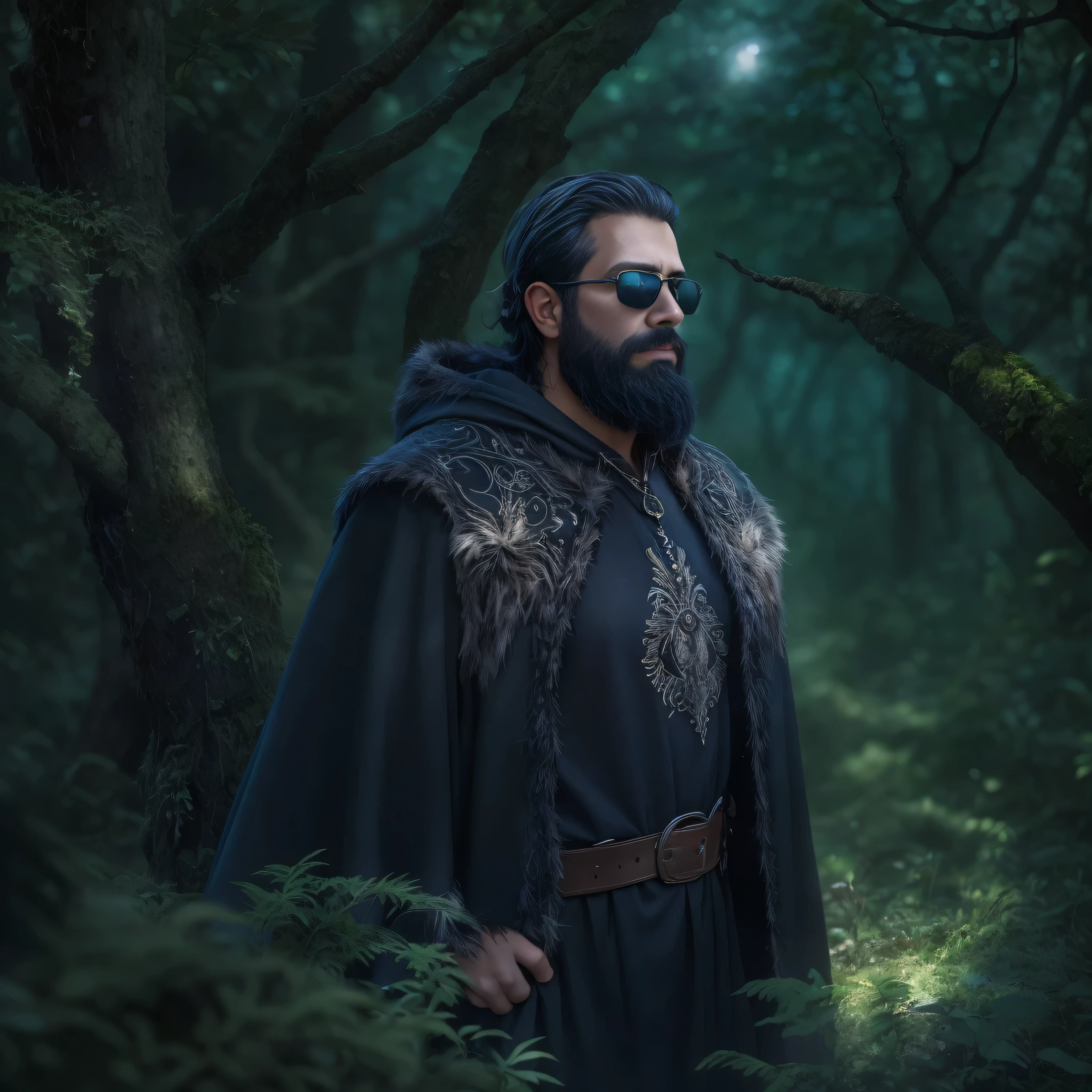 {
"prompt": "Create an ultra-detailed, high-quality digital art image of a very masculine 38-year-old man with a beard and dark sunglasses. The image shows the upper body in a medium shot. He is in a mystical forest during twilight, with glowing bioluminescent plants and ethereal light filtering through the trees. The man is wearing a rugged, dark green cloak with intricate embroidery and a leather chest plate. His expression is serious and vigilant. The environment includes ancient, moss-covered ruins and magical creatures peeking through the foliage, creating an enchanting and mysterious atmosphere.",
"size": "1024x1024"
}