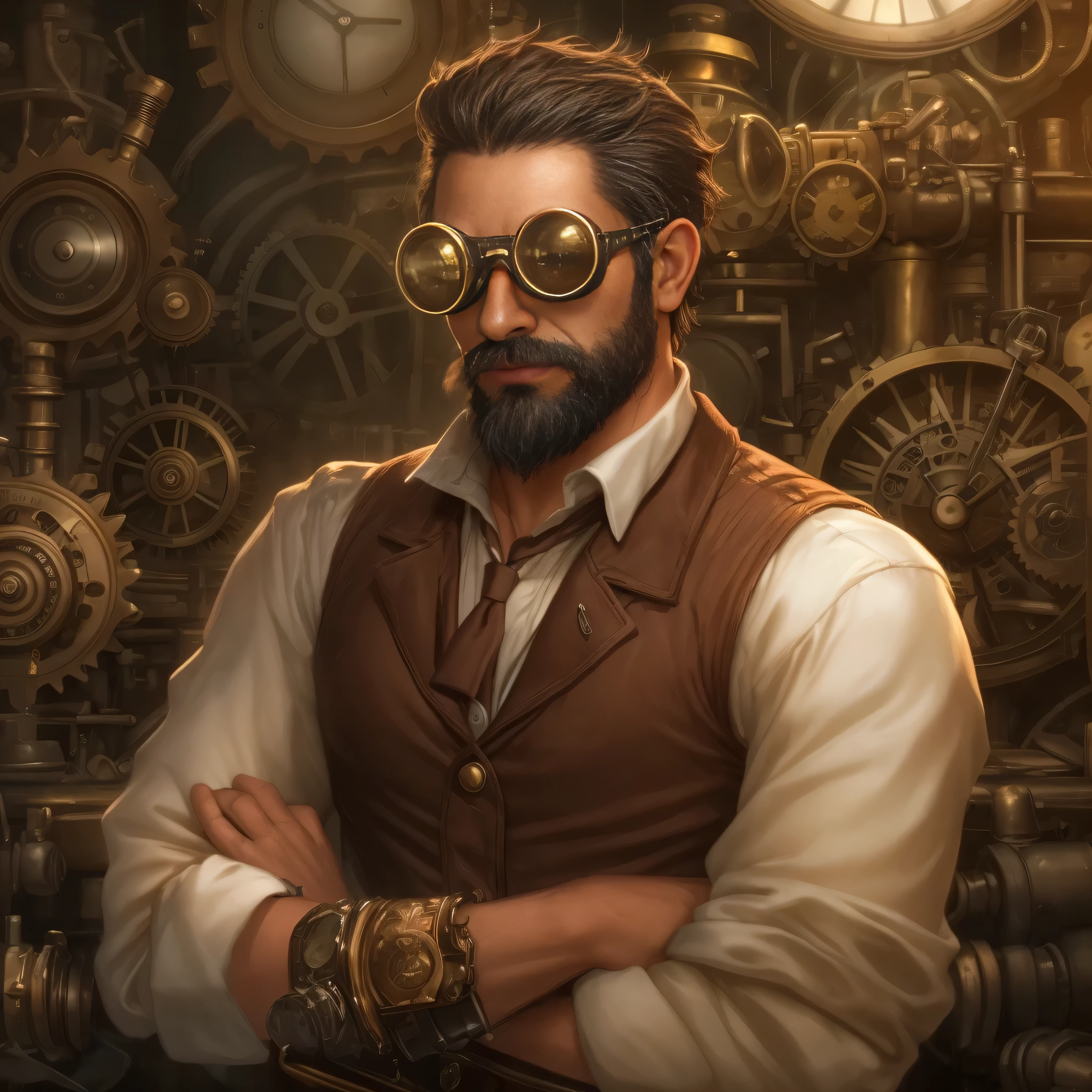 {
"prompt": "Create an ultra-detailed, high-quality digital art image of a very masculine 38-year-old man with a beard and dark sunglasses. The image shows the upper body in a medium shot. He is in a steampunk-inspired workshop, surrounded by intricate machinery and gears. The man is wearing a brown leather vest over a white shirt with rolled-up sleeves, and a pair of brass goggles resting on his forehead. His expression is focused and intense. The environment includes a large, complex clockwork mechanism and various steam-powered devices, with a warm, amber glow from gas lamps illuminating the scene.",
"size": "1024x1024"
}