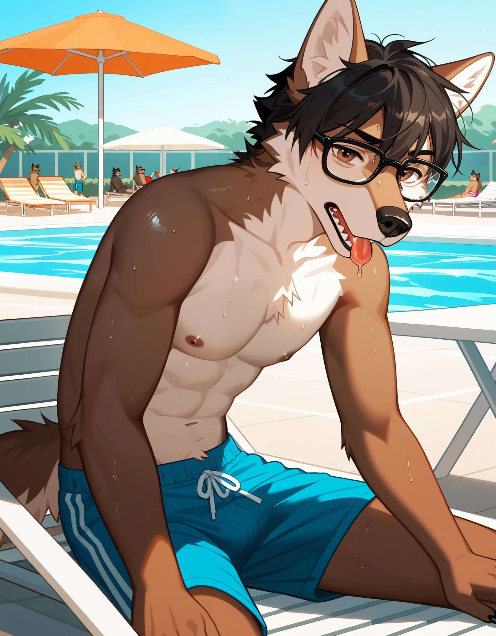 Solo,  score_9,score_8_up,score_7_up, source_cartoon, source_furry, an Anthro furry brown wolf male, shaggy black hair, brown eyes, black nose, black glasses, sitting on a beach chair, at a public pool, public swimming pool background, outdoors, looking miserable, sad face, mouth open, dehydrated, sunburnt, sweating, shriveled body, wearing black swimming trunks, shirtless, leaning back, head leaning back, acting like he’s dying, tongue out hanging to the side