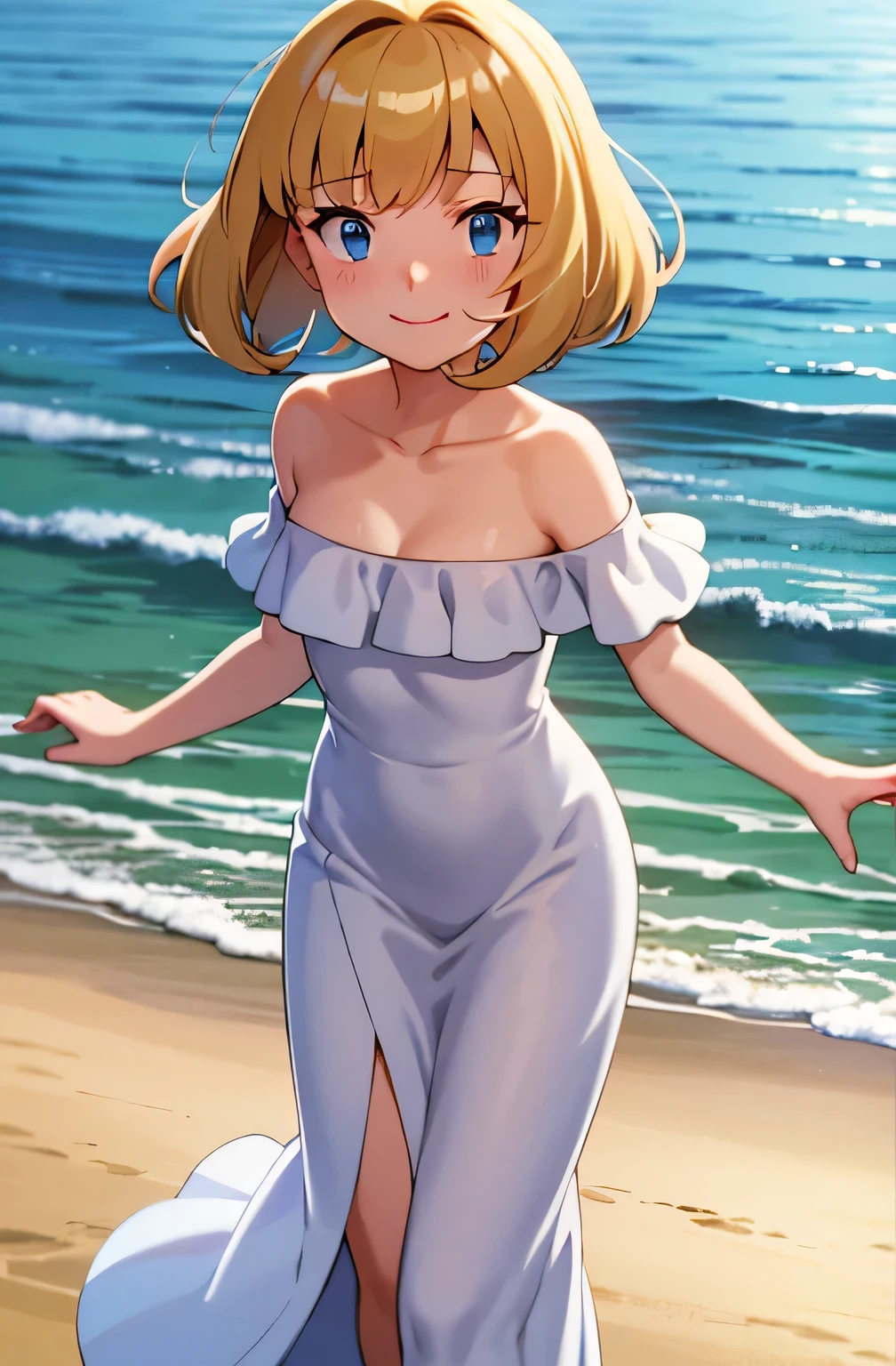 pokemovies, sugimori ken, ken sugimori ken \(style\), anime screencap, masterpiece, best quality, highres, outdoors, small breasts, 1 girl, Solo, Blue Eyes, Beautiful Detail Eyes, Blonde Medium Hair, Short Hair, Bangs, Good hands are down, Smile, Blushing, Bare Neck, Bare Shoulders, strapless, White Ruffle Off-the-Shoulder maxi dress. Cowboy shot. A landscape of the beach, sea, blue skies, sand beach. In the center. Walking on the beach with bare feets. Far from the bottom, looking at viewers