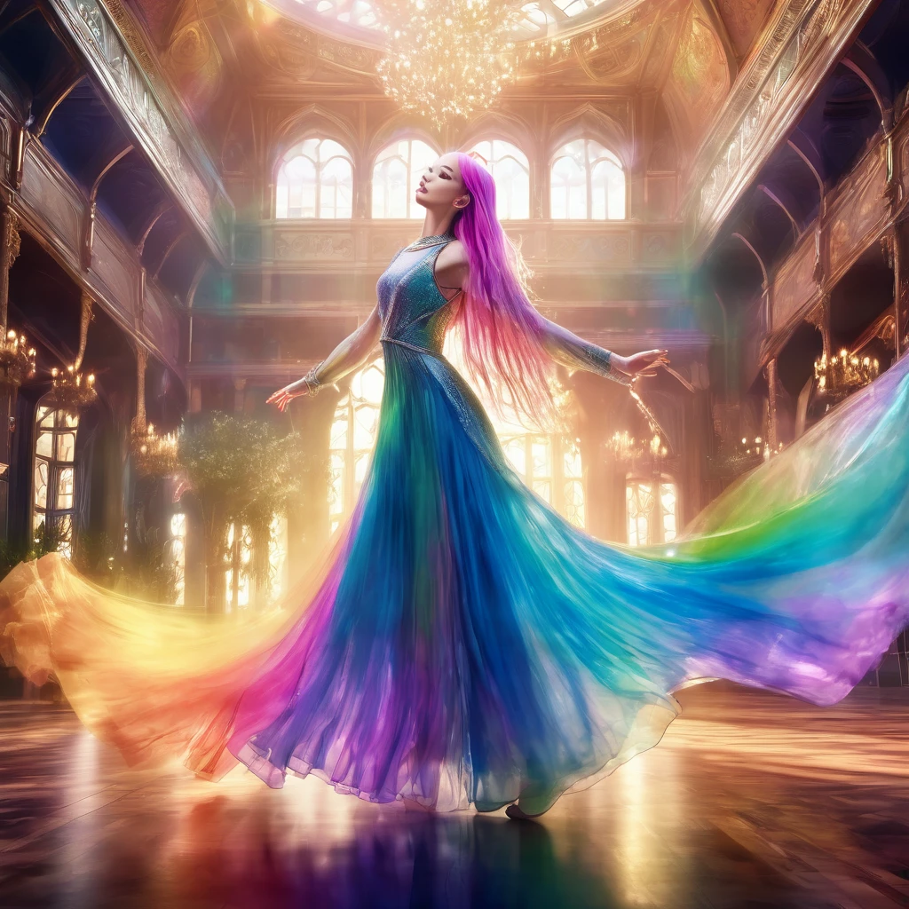 a beautiful elven dancer, 1 girl, rainbow hair, rainbow sheer silky billowing dress, doing a sultry dance with grand sweeping movements, in a royal banquet hall, best quality, 8k, highres, masterpiece, ultra-detailed, realistic, photorealistic, photo-realistic, HDR, UHD, studio lighting, ultra-fine painting, sharp focus, physically-based rendering, extreme detail description, professional, vivid colors, bokeh, fantasy, magical, ethereal
