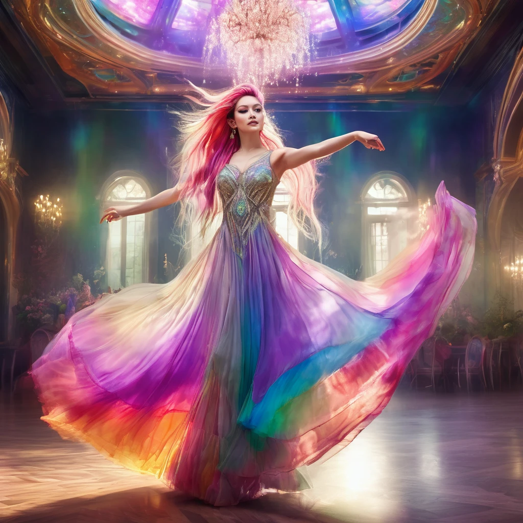 a beautiful elven dancer, 1 girl, rainbow hair, rainbow sheer silky billowing dress, doing a sultry dance with grand sweeping movements, in a royal banquet hall, best quality, 8k, highres, masterpiece, ultra-detailed, realistic, photorealistic, photo-realistic, HDR, UHD, studio lighting, ultra-fine painting, sharp focus, physically-based rendering, extreme detail description, professional, vivid colors, bokeh, fantasy, magical, ethereal
