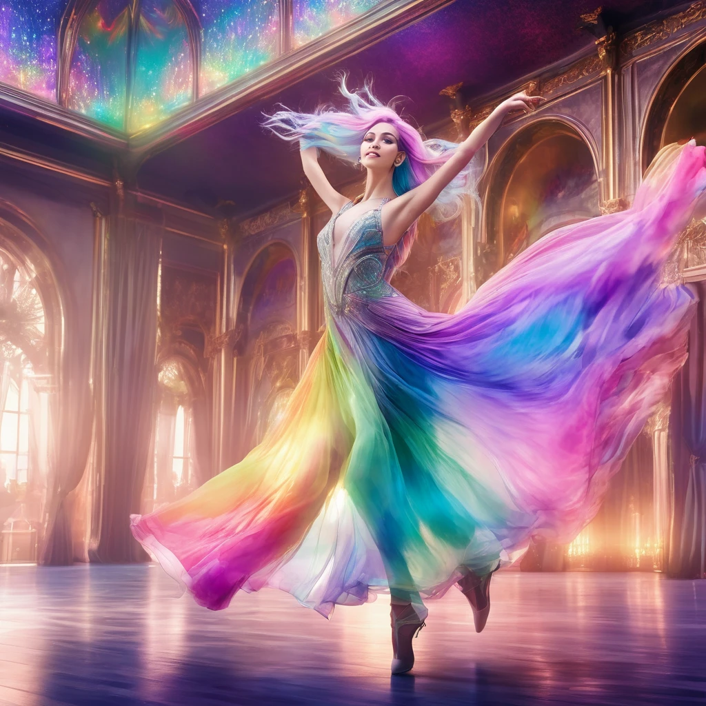 a beautiful elven dancer, 1 girl, rainbow hair, rainbow sheer silky billowing dress, doing a sultry dance with grand sweeping movements, in a royal banquet hall, best quality, 8k, highres, masterpiece, ultra-detailed, realistic, photorealistic, photo-realistic, HDR, UHD, studio lighting, ultra-fine painting, sharp focus, physically-based rendering, extreme detail description, professional, vivid colors, bokeh, fantasy, magical, ethereal
