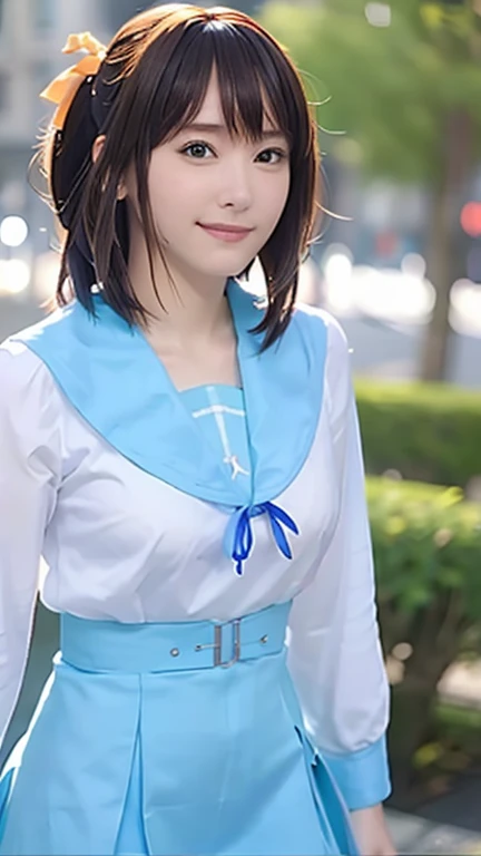 (RAW Photos:1.2), (Realistic:1.4),(masterpiece:1.3),(highest quality:1.4),超High resolution,(Fine grain),(Detailed facial features),(Detailed clothing features),High resolution,8K resolution, Focus Only, View Viewer, (bangs:1.1), dream-like, (Highly detailed illustration), One girl,cute, Innocent, (smile), (whole body) , Haruhi_srf, White long sleeve shirt with blue collar, Blue Skirt, Yellow ribbon, Are standing,ponytail、