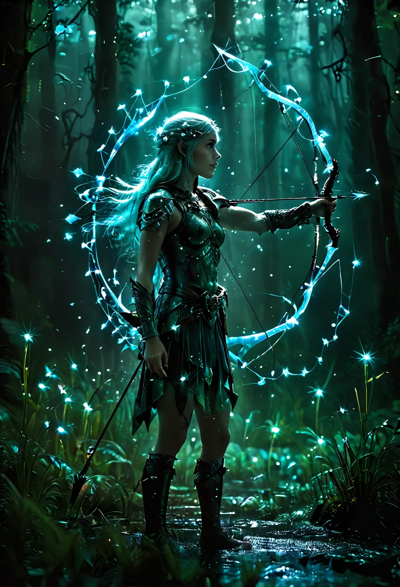 general shot, full body, it is night: 1.3, (little Elf bioluminicence, playing with bow and arrows: 1.5), in the middle of the thick forest, with fireflies flying, dreamy image, dynamic pose, unexpected juxtapositions, shocking and memorable image, Dramatic lighting, Vivid colors, cinema quality, (cinema lighting: 1.1), (Hasselblad 503CW camera),