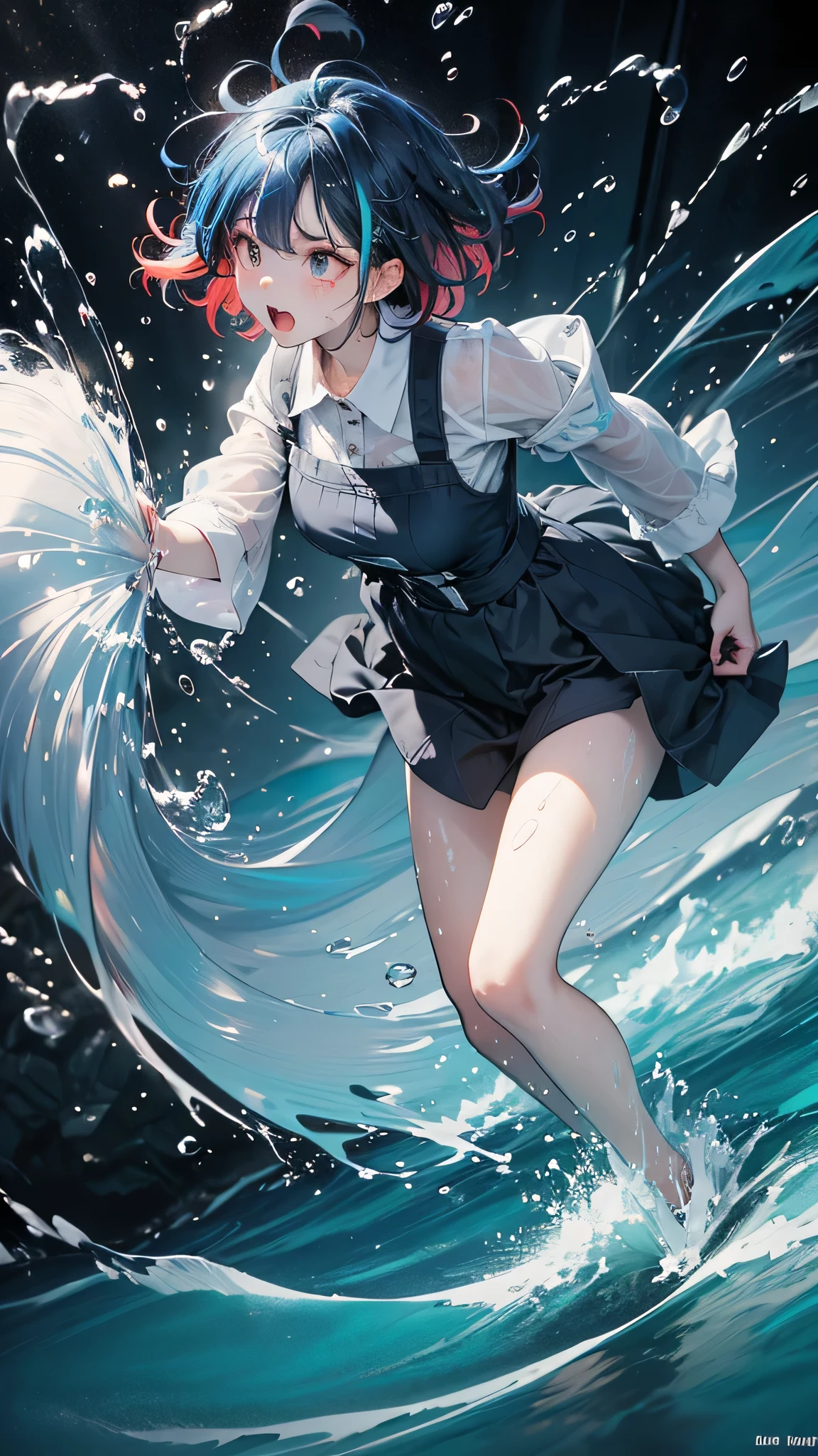 masterpiece, highest quality, (Dynamic pose:0.5), Absurd, One girl, Fighting Pose, Punch Water, (Attacks with a water shock wave:1.5), Wet clothes, Wet Hair, Wet Face, Waters, Multicolored Hair, (Wind:1.4)