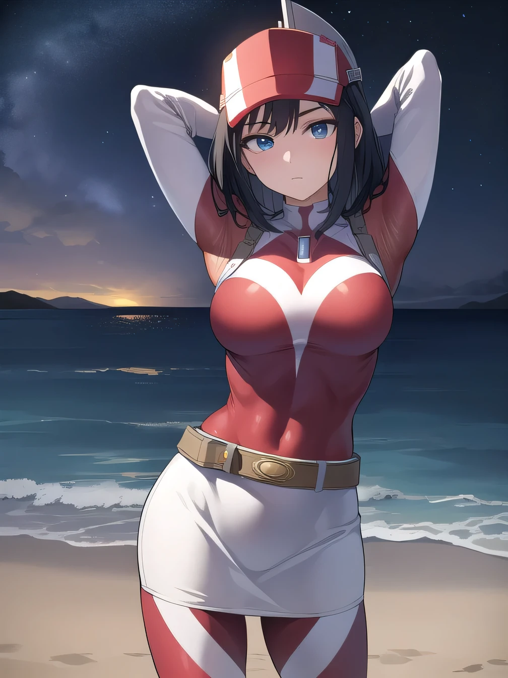 kodaiyui, visor cap, red and white bodysuit, long sleeves, belt, white skirt, closed mouth, solo, (cowboy shot:1.5), night sky, beach, arms behind head, contrapposto, spread armpits, looking at viewer, best quality, expressionless