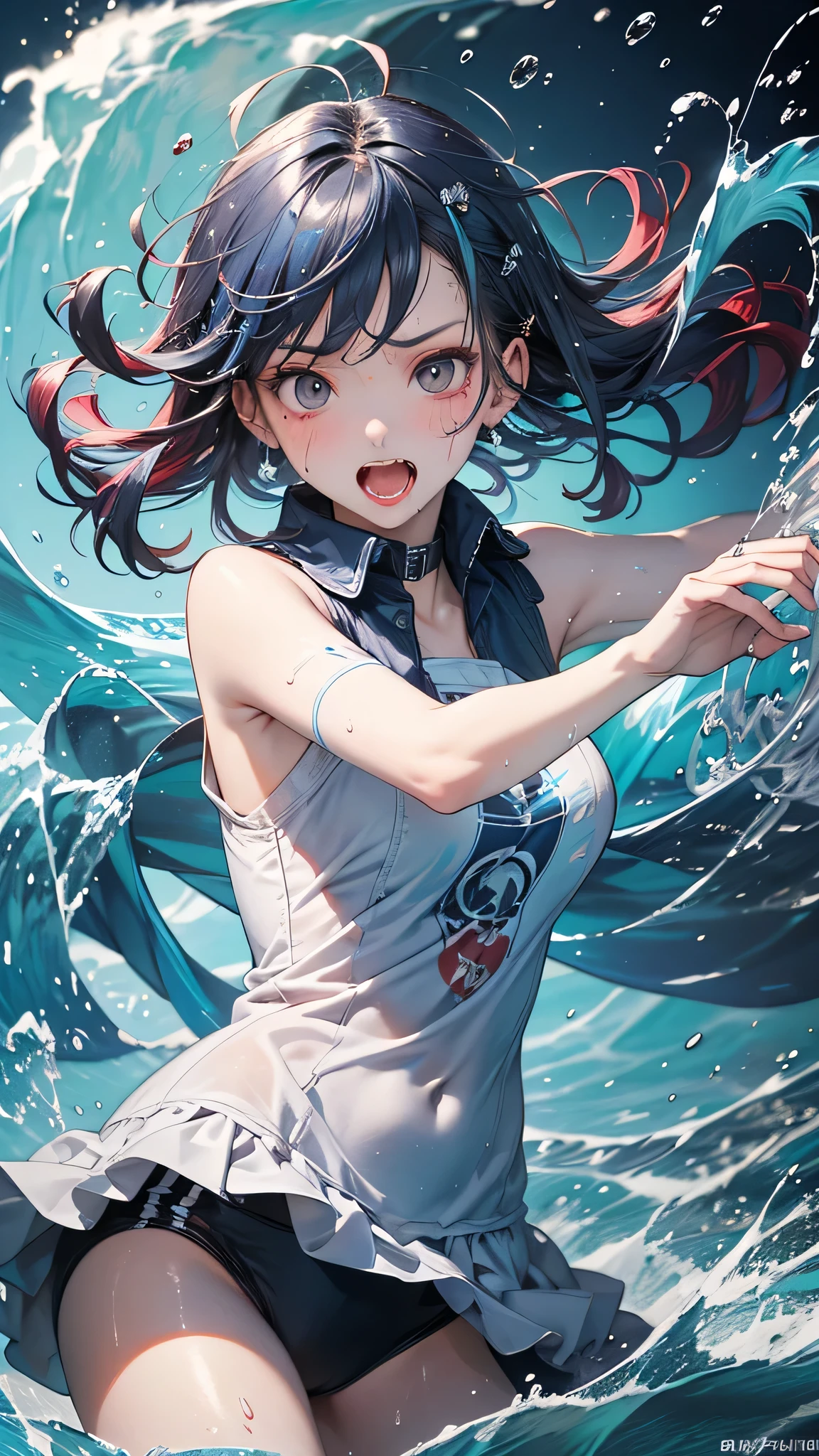 masterpiece, highest quality, (Dynamic pose:0.5), Absurd, One girl, Fighting Pose, Punch Water, (Attacks with a water shock wave:1.5), Wet clothes, Wet Hair, Wet Face, Waters, Multicolored Hair, (Wind:1.4)