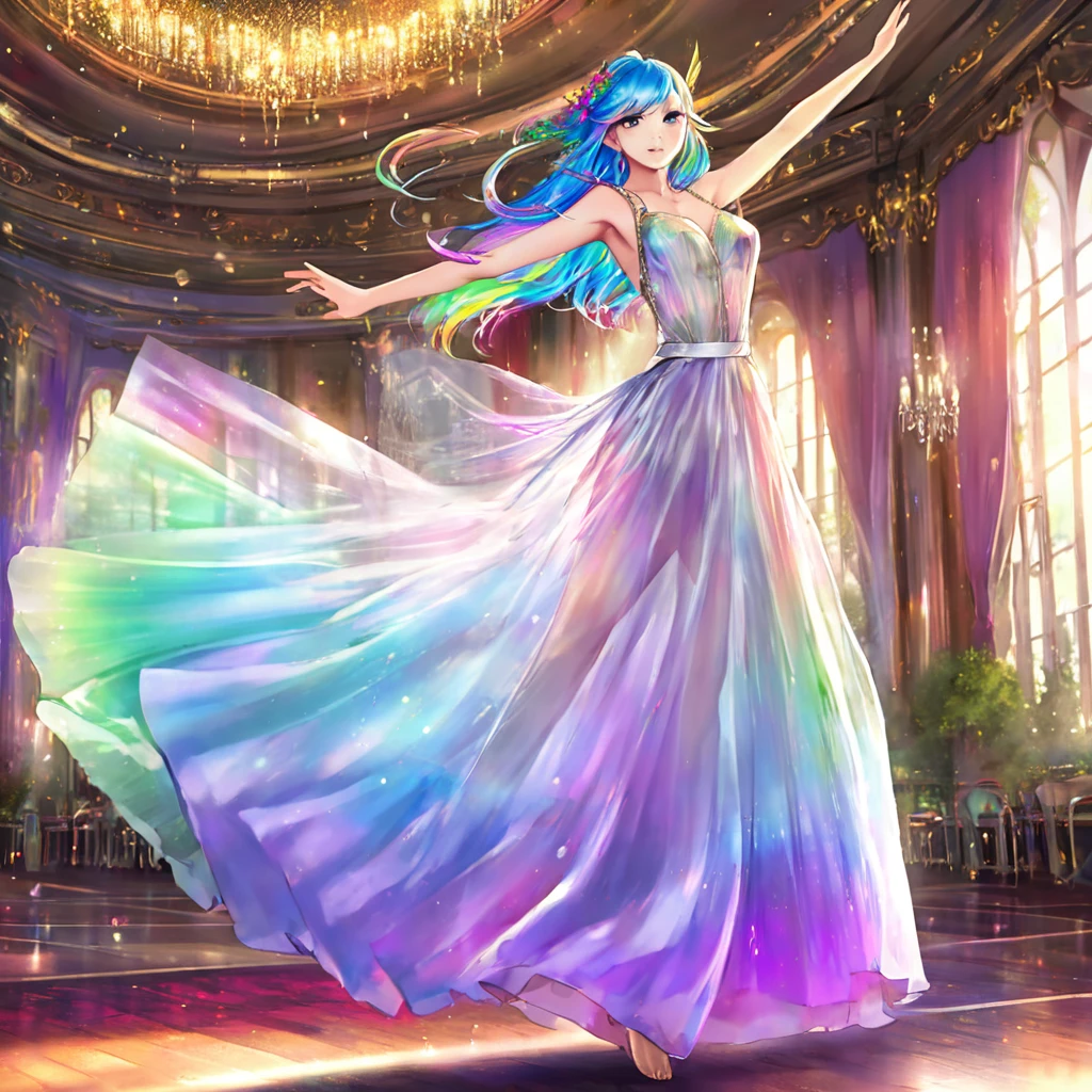 a beautiful elven dancer, 1 girl, rainbow hair, rainbow sheer silky billowing dress, doing a sultry dance with grand sweeping movements, in a royal banquet hall, best quality, 8k, highres, masterpiece, ultra-detailed, realistic, photorealistic, photo-realistic, HDR, UHD, studio lighting, ultra-fine painting, sharp focus, physically-based rendering, extreme detail description, professional, vivid colors, bokeh, fantasy, magical, ethereal
