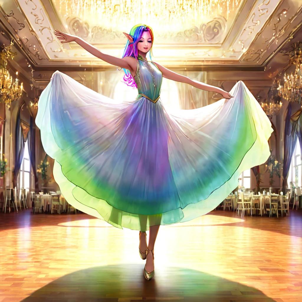 a beautiful elven dancer, 1 girl, rainbow hair, rainbow sheer silky billowing dress, doing a sultry dance with grand sweeping movements, in a royal banquet hall, best quality, 8k, highres, masterpiece, ultra-detailed, realistic, photorealistic, photo-realistic, HDR, UHD, studio lighting, ultra-fine painting, sharp focus, physically-based rendering, extreme detail description, professional, vivid colors, bokeh, fantasy, magical, ethereal
